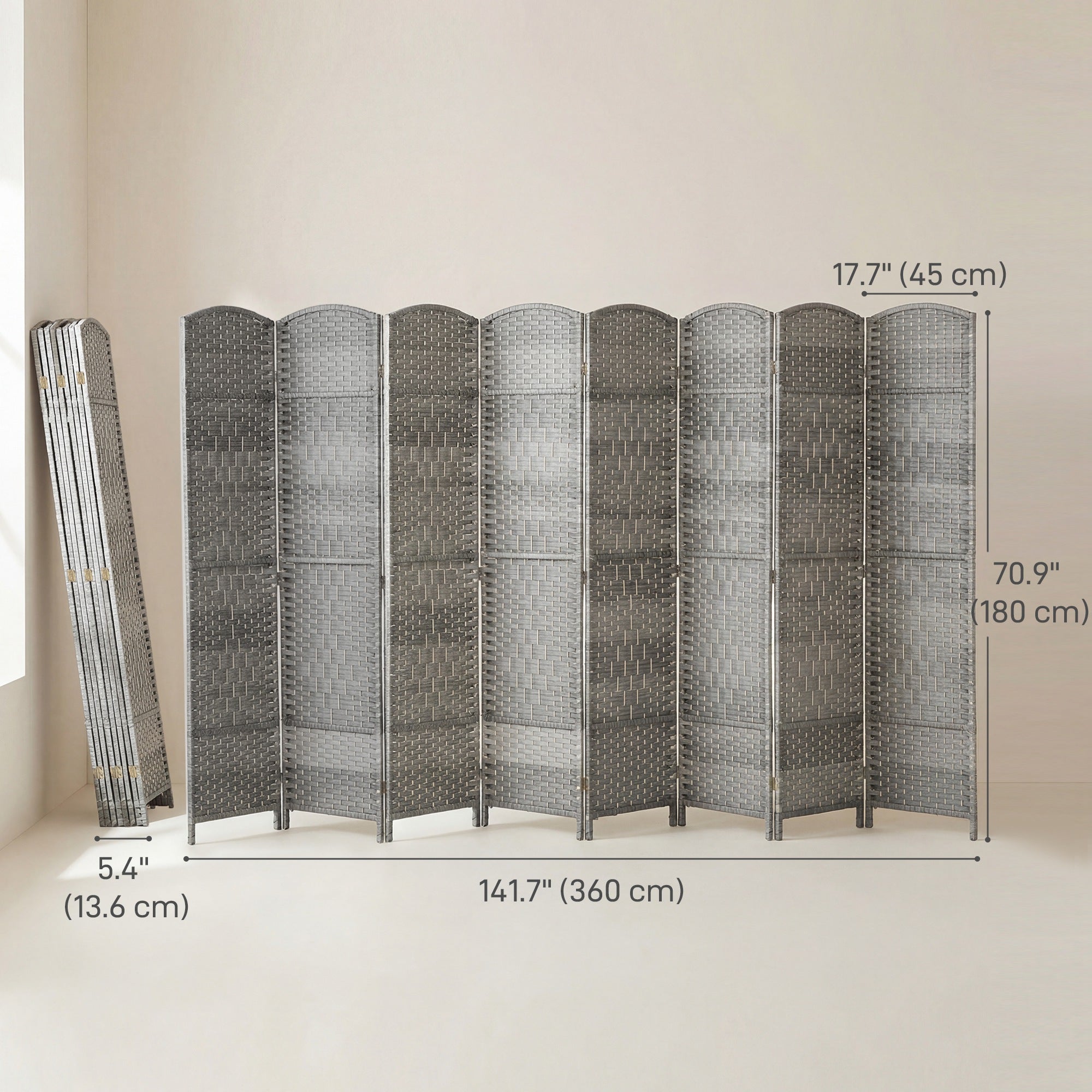 6 Ft Tall Folding Room Divider, 3 Panel Portable Privacy Screen, Hand-Woven Partition Wall Divider, Mixed Grey
