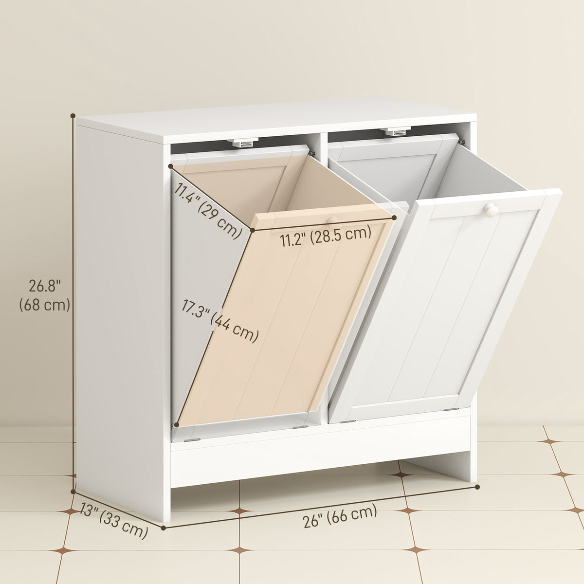Tilt-Out Laundry Storage Cabinet, Modern Laundry Hamper with 2 Compartments for Bathroom Washroom, White