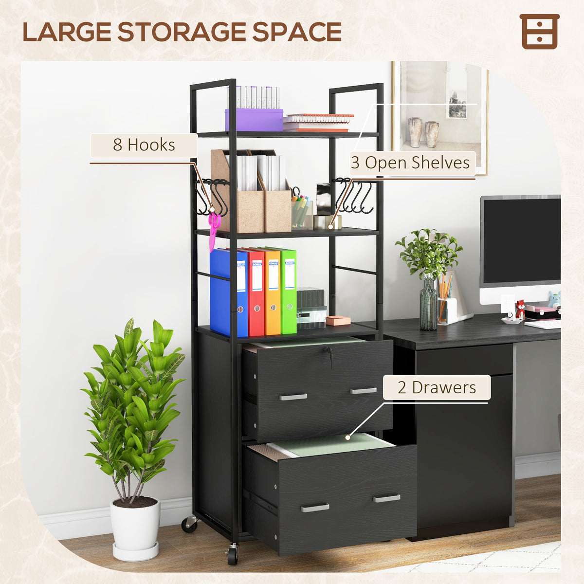 Mobile Filing Cabinet 2 Drawer File Cabinet with Key Adjustable Hanging Bar for Letter A4 and Legal Size Black
