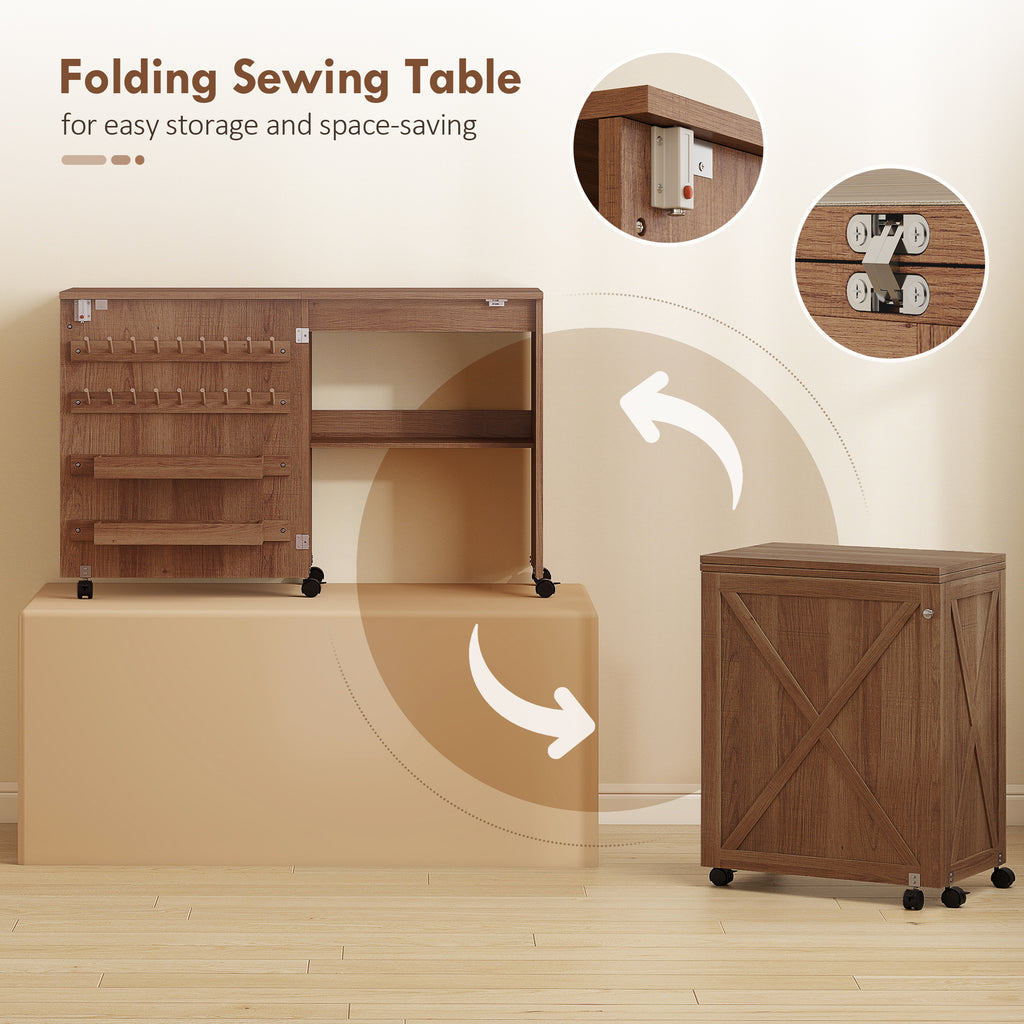 Sewing Machine Table on Wheels, Folding Craft Table with 2 Bins, Storage Shelf, 18 Pegs, Lockable Wheels, Brown