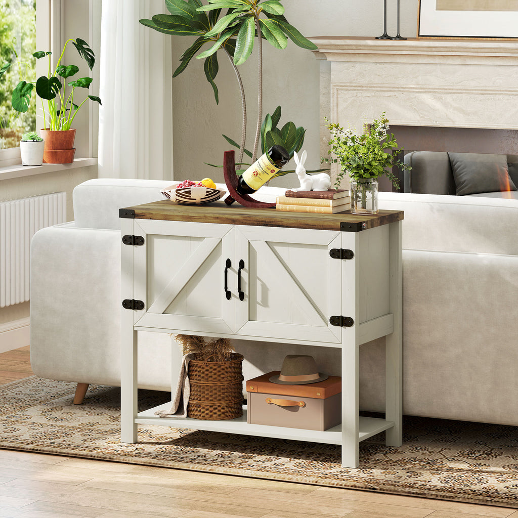 Farmhouse Kitchen Storage Cabinet, Free Standing Sideboard Console Table with Barn Doors, Bottom Shelf, White