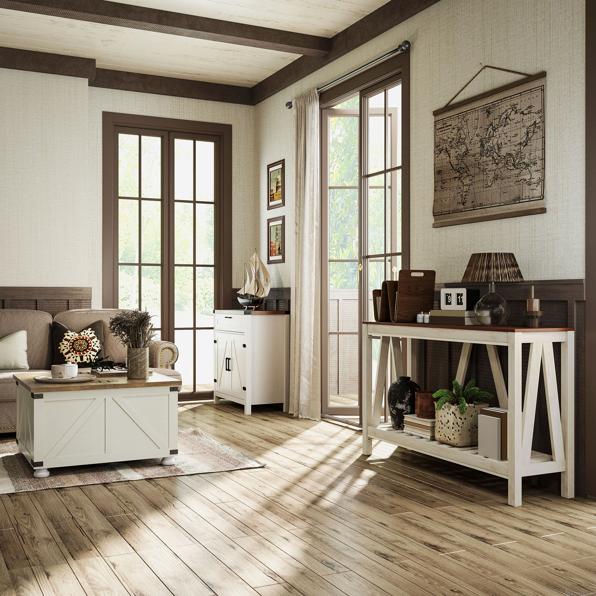 Farmhouse Kitchen Storage Cabinet, Sideboard Buffet Cabinet with 2 Rustic Barn Doors and Drawer, Oak