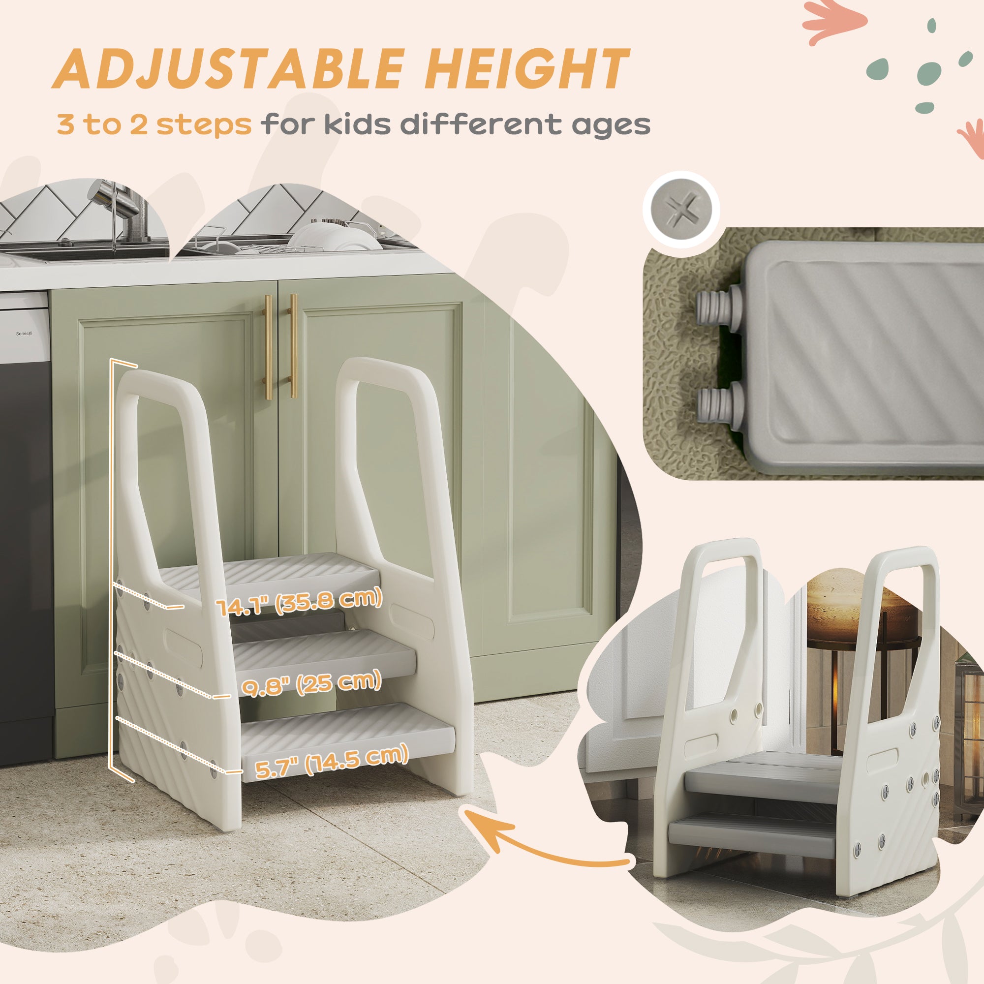 Qaba Adjustable Height Toddler Step Stool with Handle & Foot Pads, Grey
