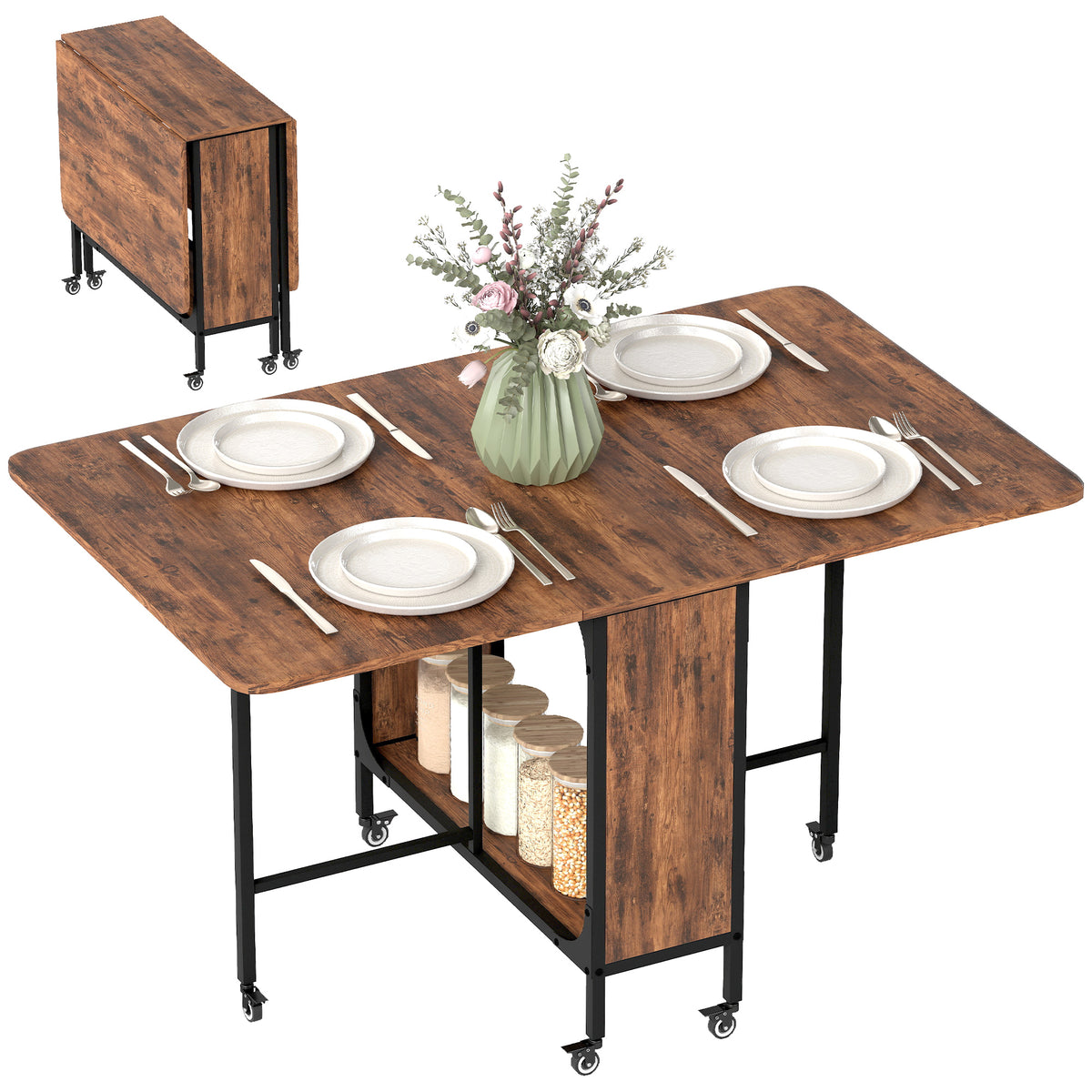 Folding Dining Table, Extendable Kitchen Table for Small Spaces with Storage Shelf and 6 Wheels, Rustic Brown