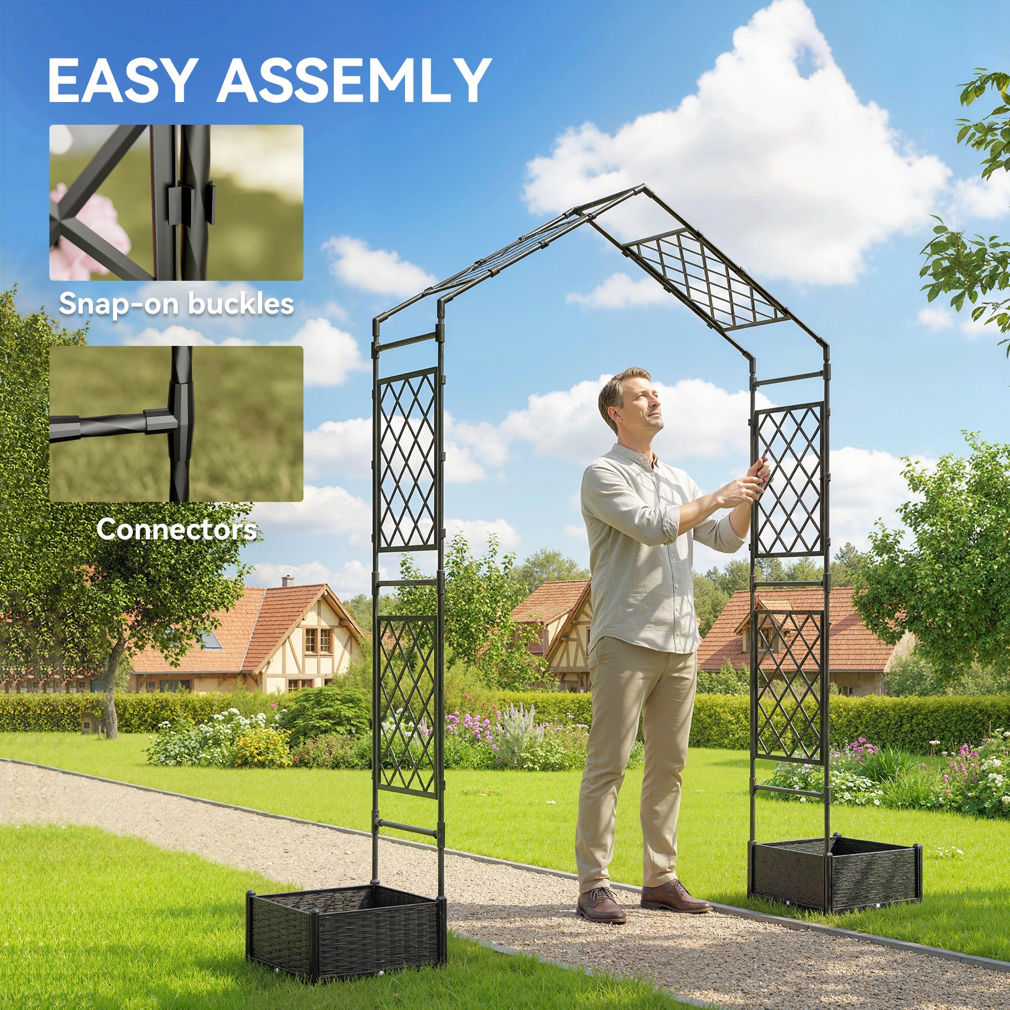 Garden Arch Outdoor Trellis Arbor with 2 Planter Boxes, 109.4" x 15.7" x 86.6", Black