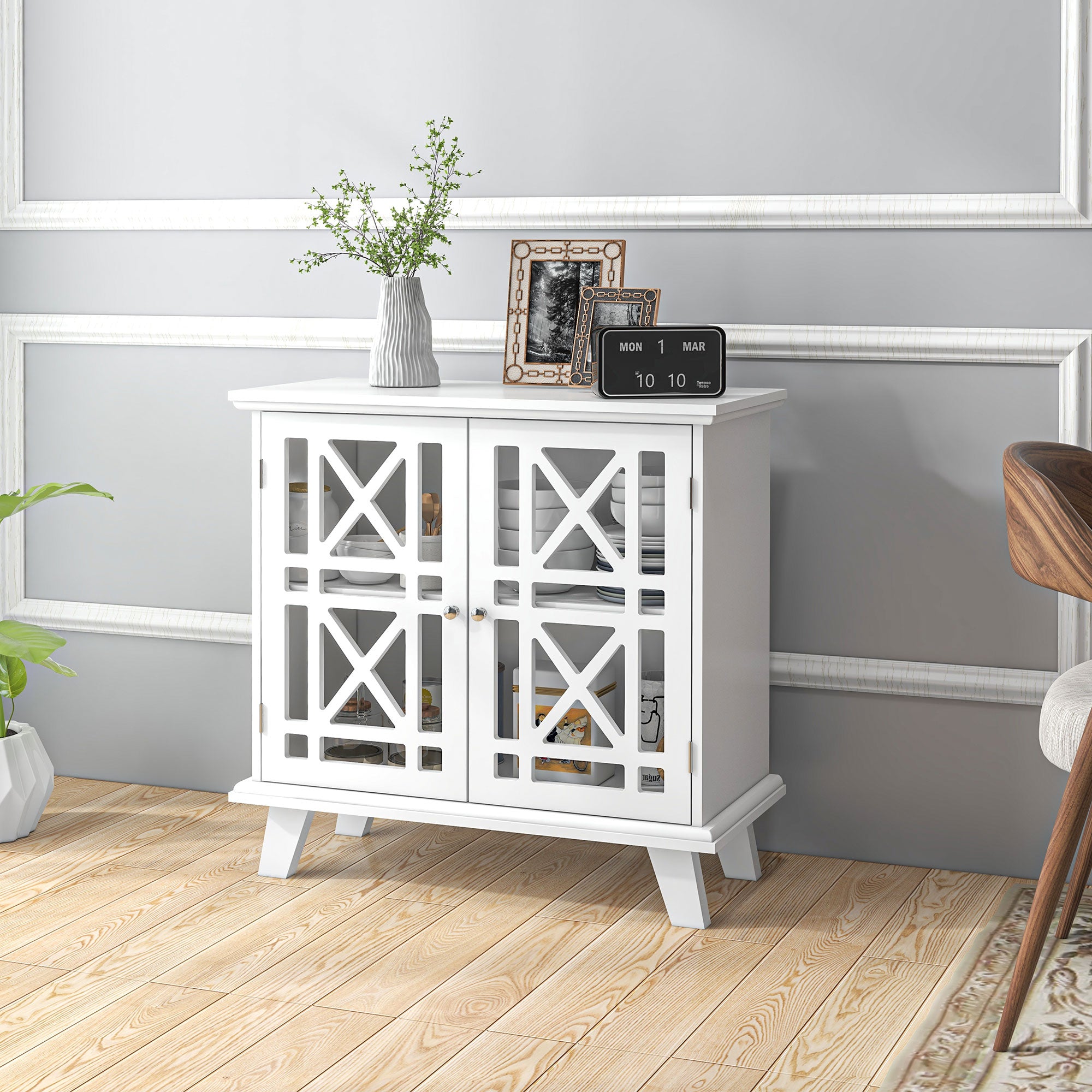Storage Cabinet with Fretwork Doors and Shelf, Modern Freestanding Sideboard, Buffet, White