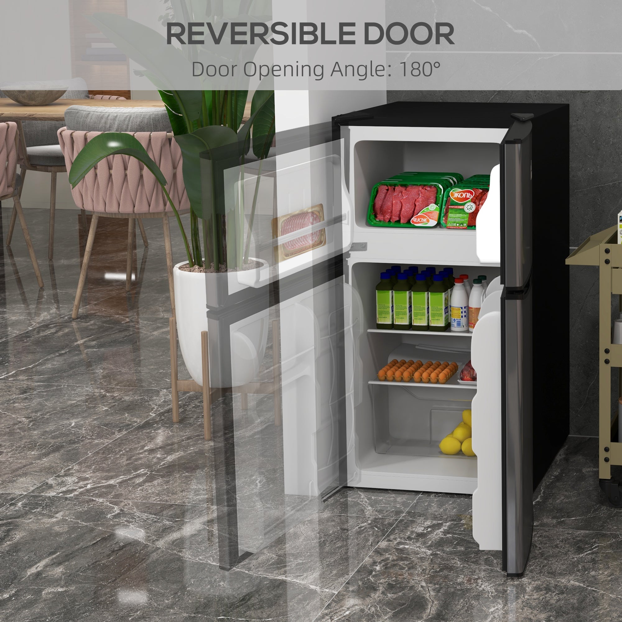3.2 Cu Ft Compact Refrigerator, Mini Fridge with Freezer, Adjustable Shelves and Reversible Doors for Bedroom, Silver