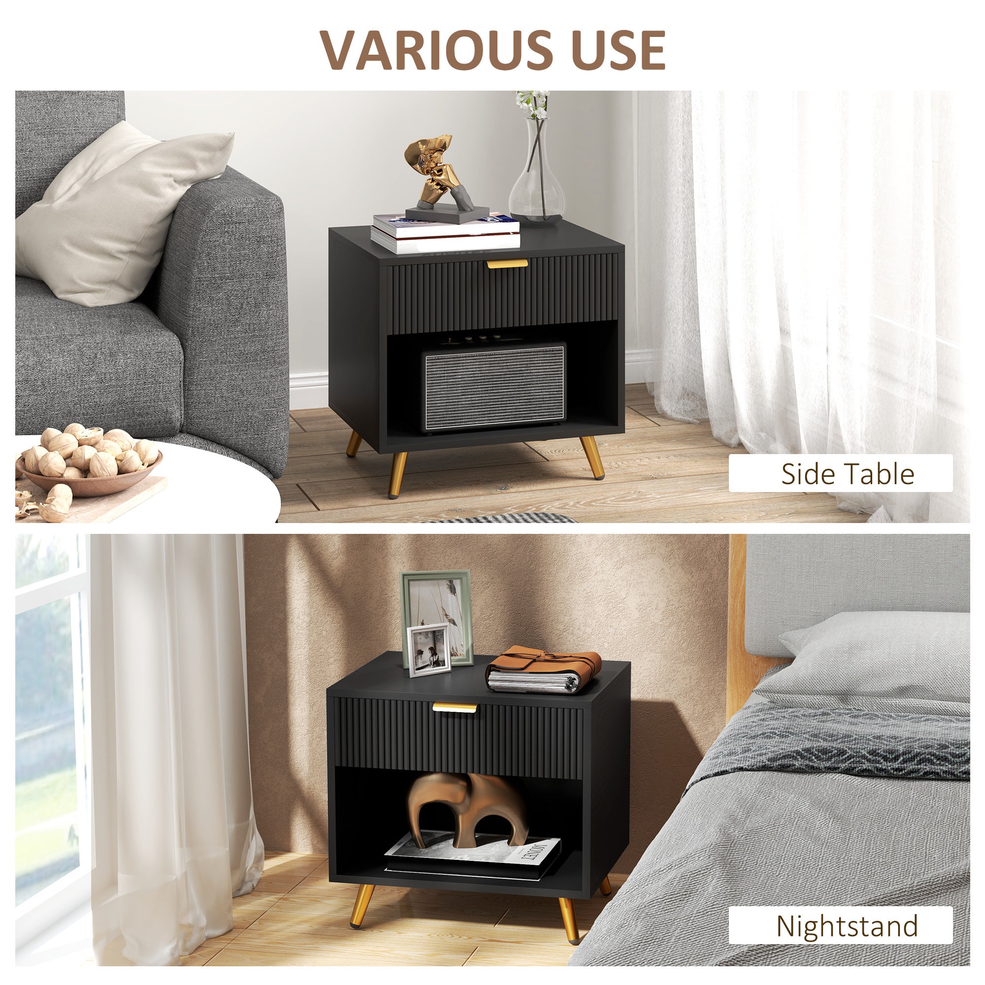 Nightstand with Fluted Panel, Bedside Table with Drawer and Open Compartment, Modern Night Table for Bedroom, Black