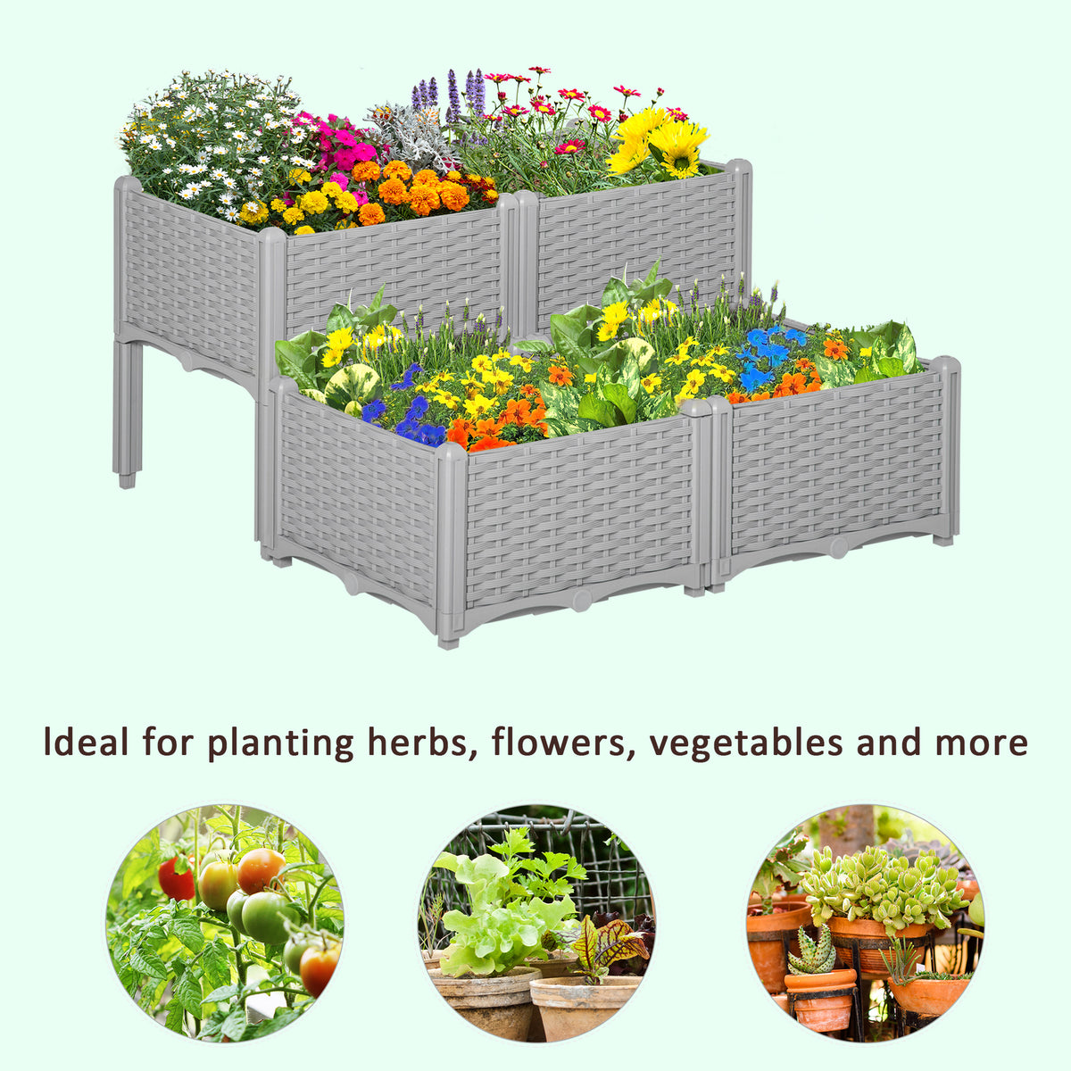 4 Piece Raised Garden Bed PP Raised Flower Bed Vegetable Herb Grow Box Stand Brown