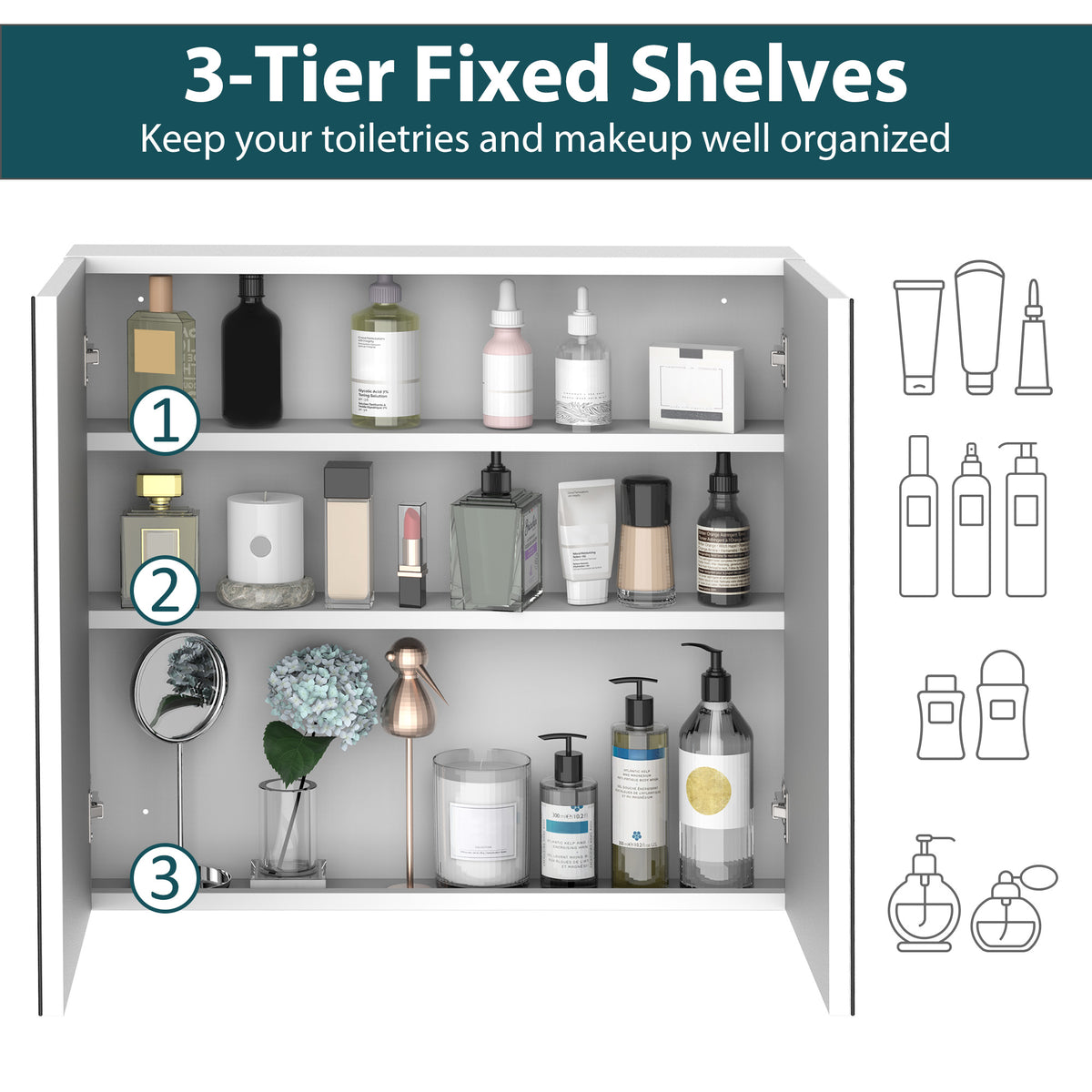 Wall Mounted Mirror Cabinet, Bathroom Medicine Cabinet with Mirror, 2 Doors and 3-tier Shelving, White