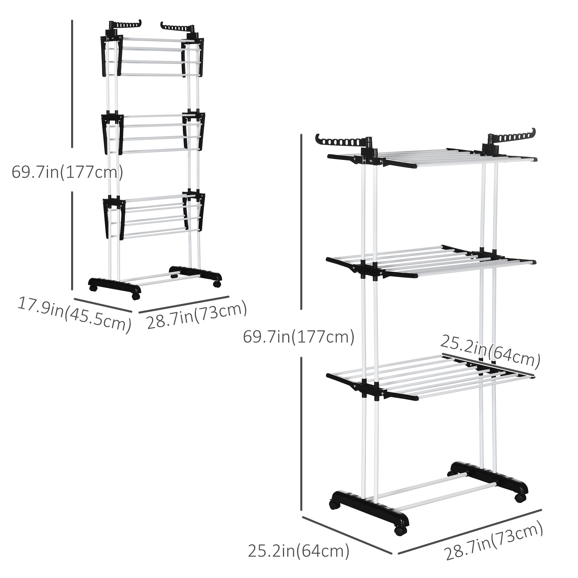 Foldable Clothes Drying Rack, 4-Tier Steel Laundry Rack for Drying Clothes with 2 Side Wings and 4 Castors, Indoor and Outdoor Use, Black