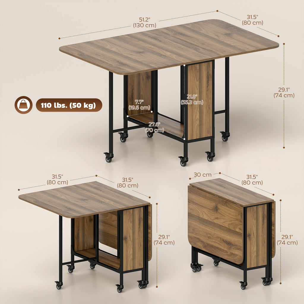 Folding Dining Table, Extendable Kitchen Table for Small Spaces with Storage Shelf and 6 Wheels, Brown Wood Grain