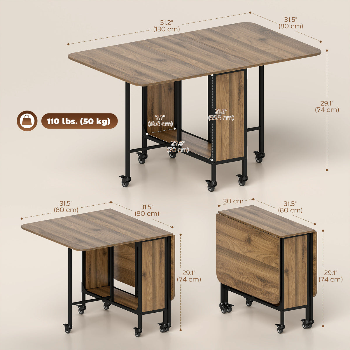 Folding Dining Table, Extendable Kitchen Table for Small Spaces with Storage Shelf and 6 Wheels, Brown Wood Grain