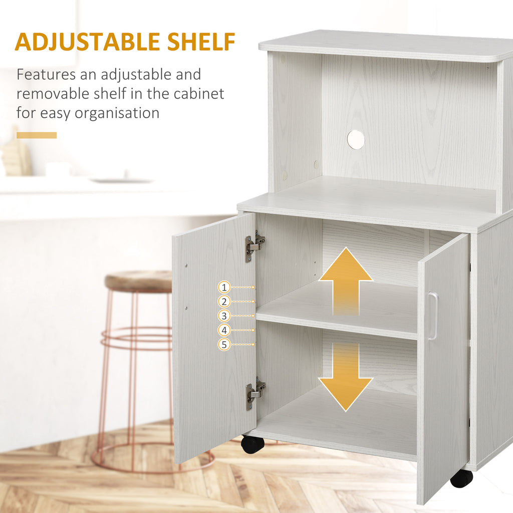 Microwave Cart on Wheels Utility Trolley Storage Sideboard Bookcase with 2-door Cabinet, White Oak