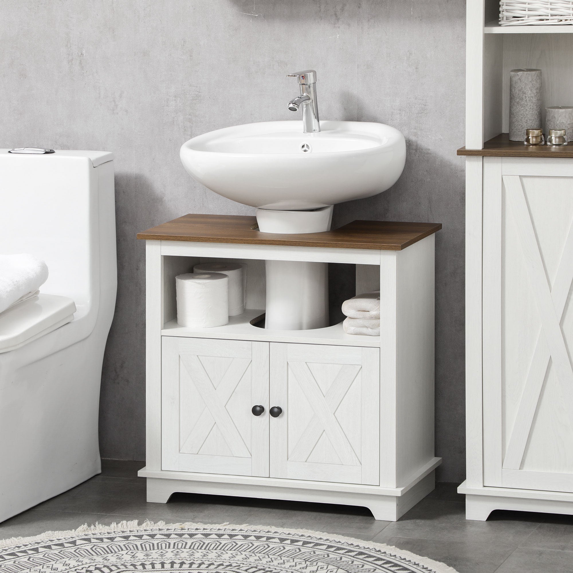 Farmhouse Bathroom Sink Cabinet, Pedestal Sink Storage Cabinet with Double Doors and Shelves, White