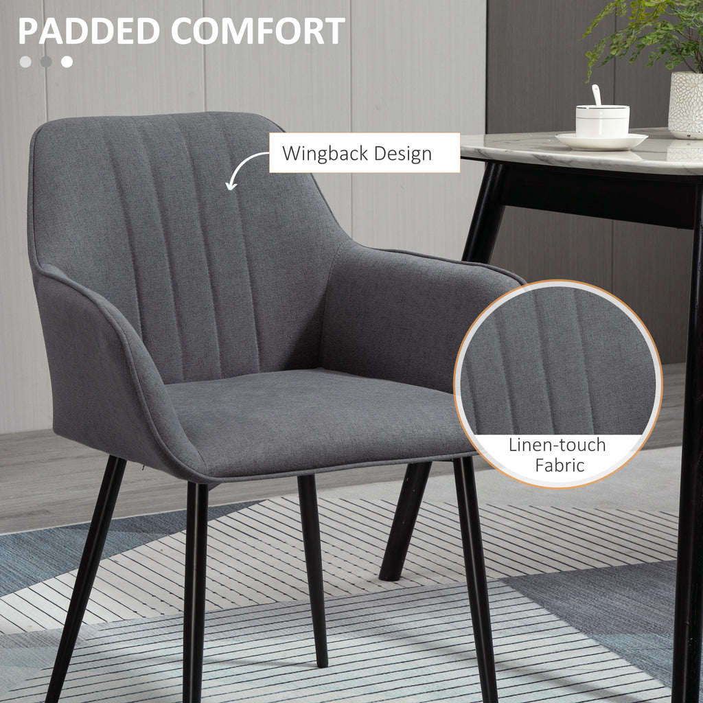 Dining Chairs Set of 2, Linen Upholstery Accent Chair with Back, Armrest, Metal Legs, Dark Grey