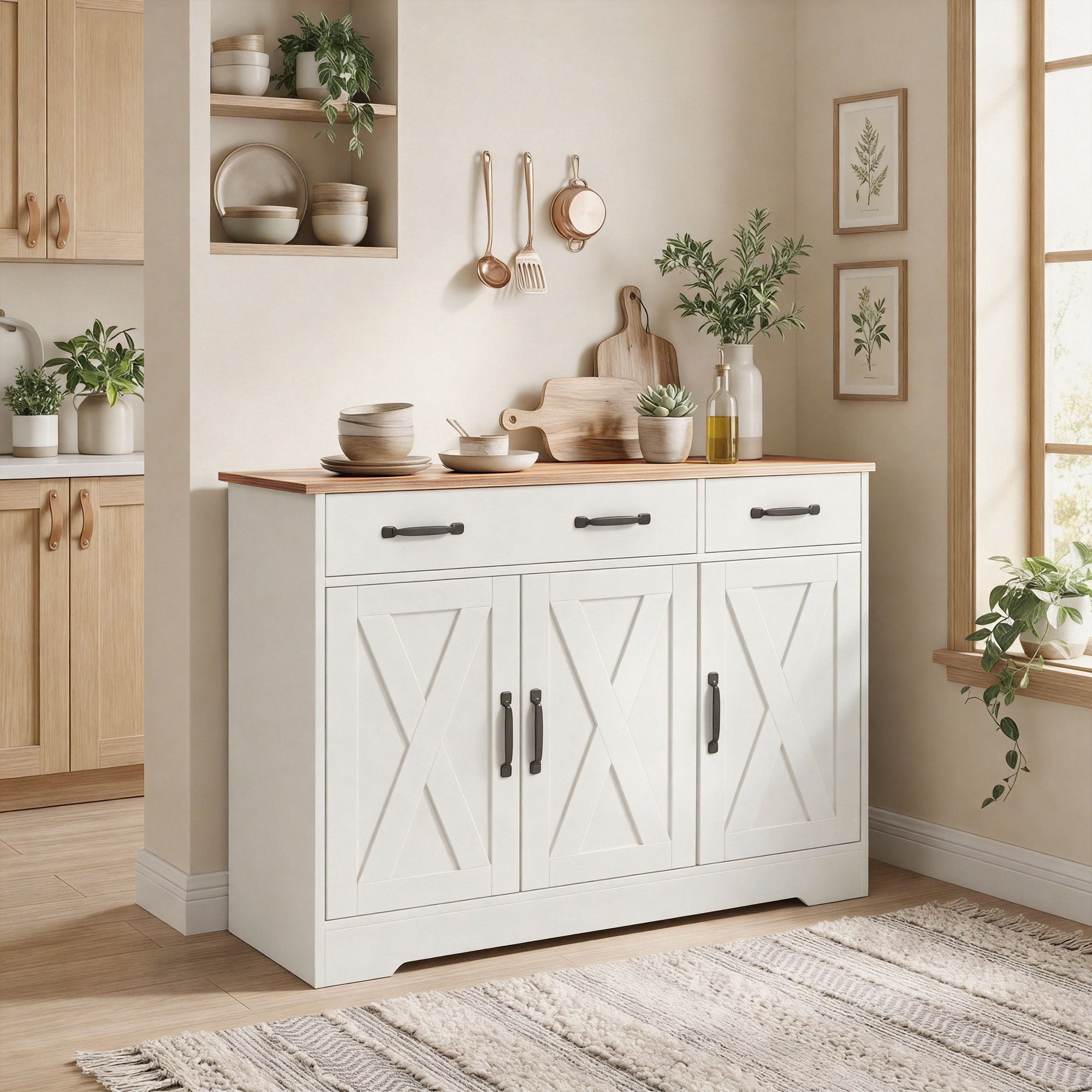 Sideboard Buffet Cabinet, 55" Farmhouse Kitchen Cabinet with 4 Barn Doors, 3 Drawers, 3 Adjustable Shelves, White