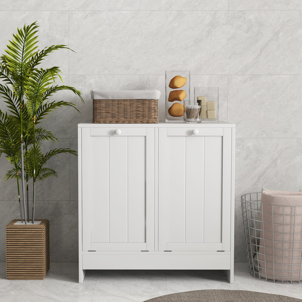 Tilt-Out Laundry Storage Cabinet, Modern Laundry Hamper with 2 Compartments for Bathroom Washroom, White