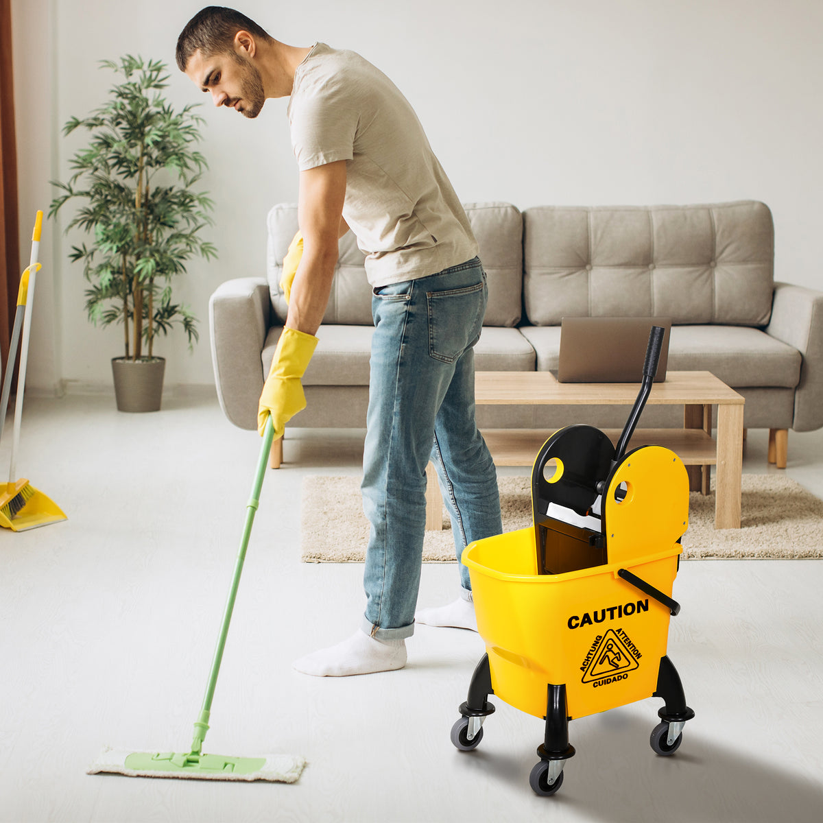 6.9 Gal/26L Mop Bucket, Mop Bucket with Wringer, Wheels and Handle, Yellow