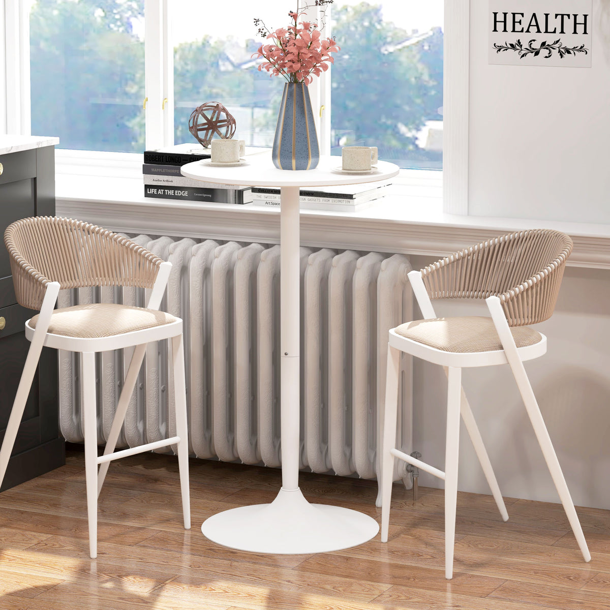 High Top Bar Table, Modern Round Dining Table with Painted Top and Steel Base, Bistro Table for 2 People, Black