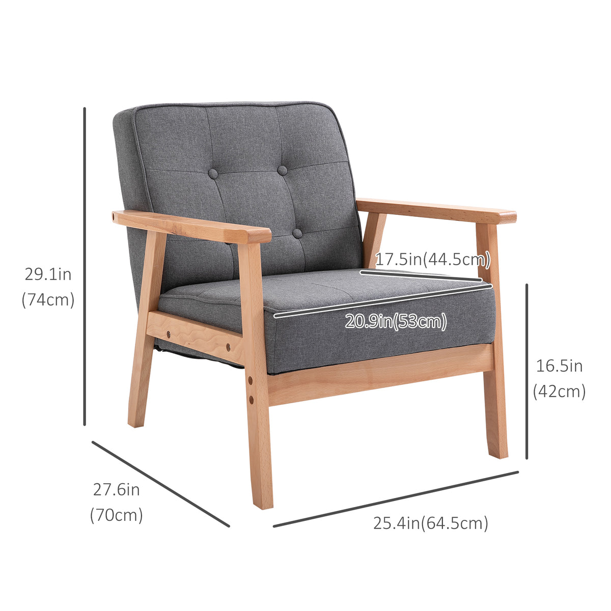 Mid-Century Accent Chair Modern Fabric Upholstered Tufted Back Lounge Sofa Seat - Grey