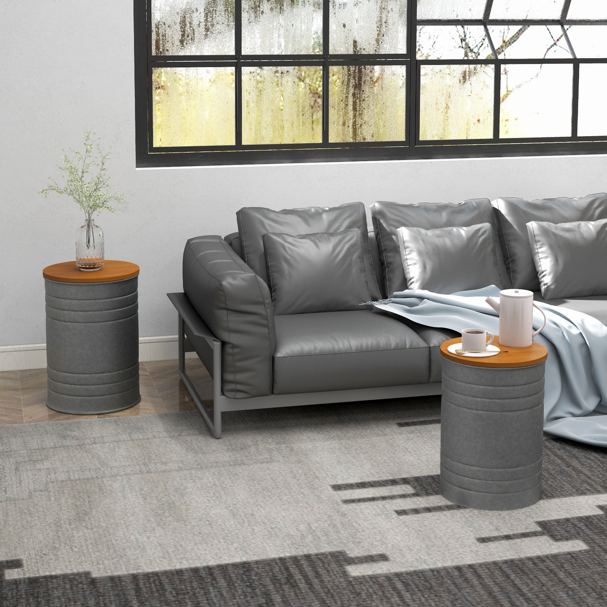 Round Side Table Set of 2, Nesting Coffee Tables w/ Wooden Lid, Galvanized Sheet Frame and Hidden Storage Space, Grey
