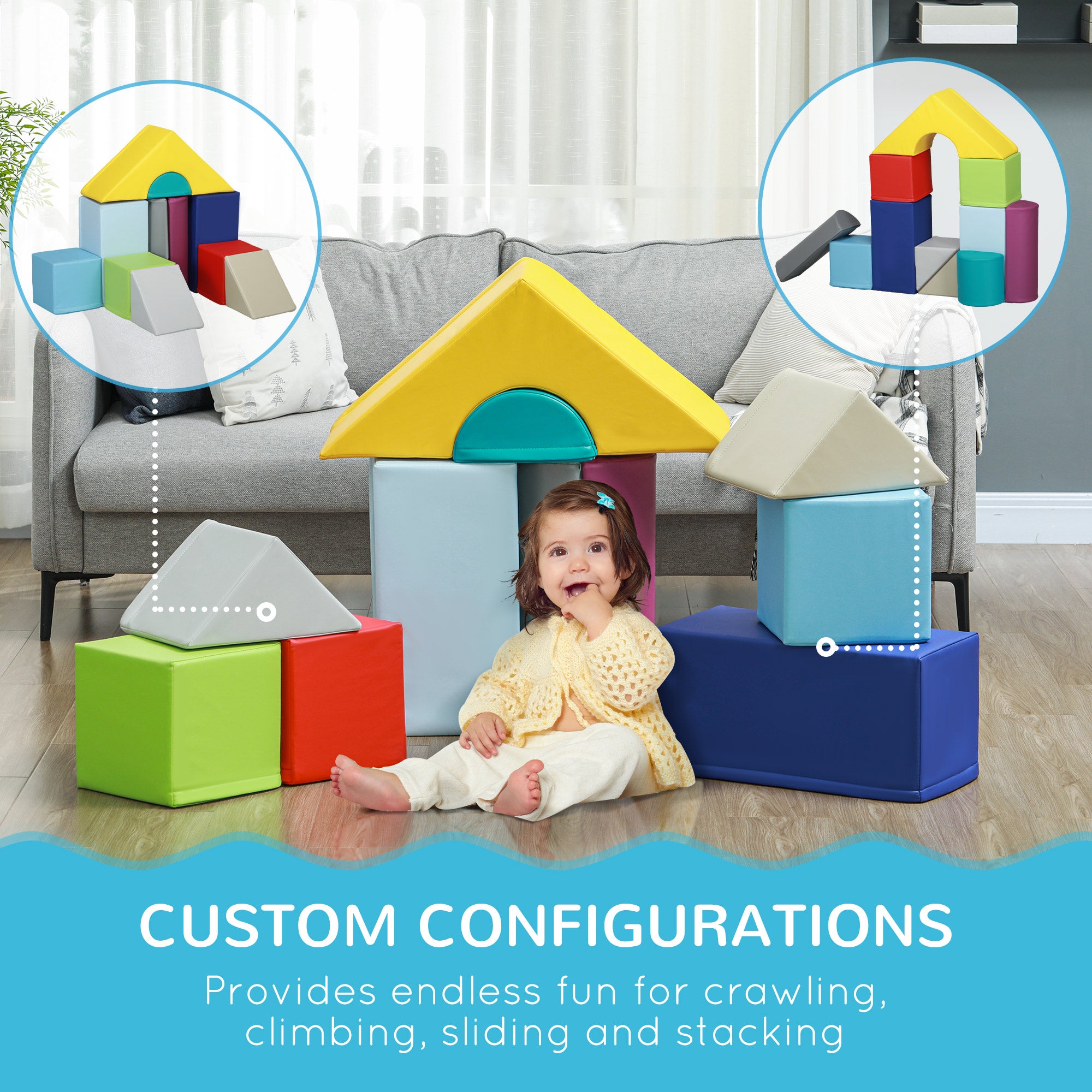 Soozier 11 Piece Soft Play Blocks Kids Climb and Crawl Gym Toy Foam Building Light Colour