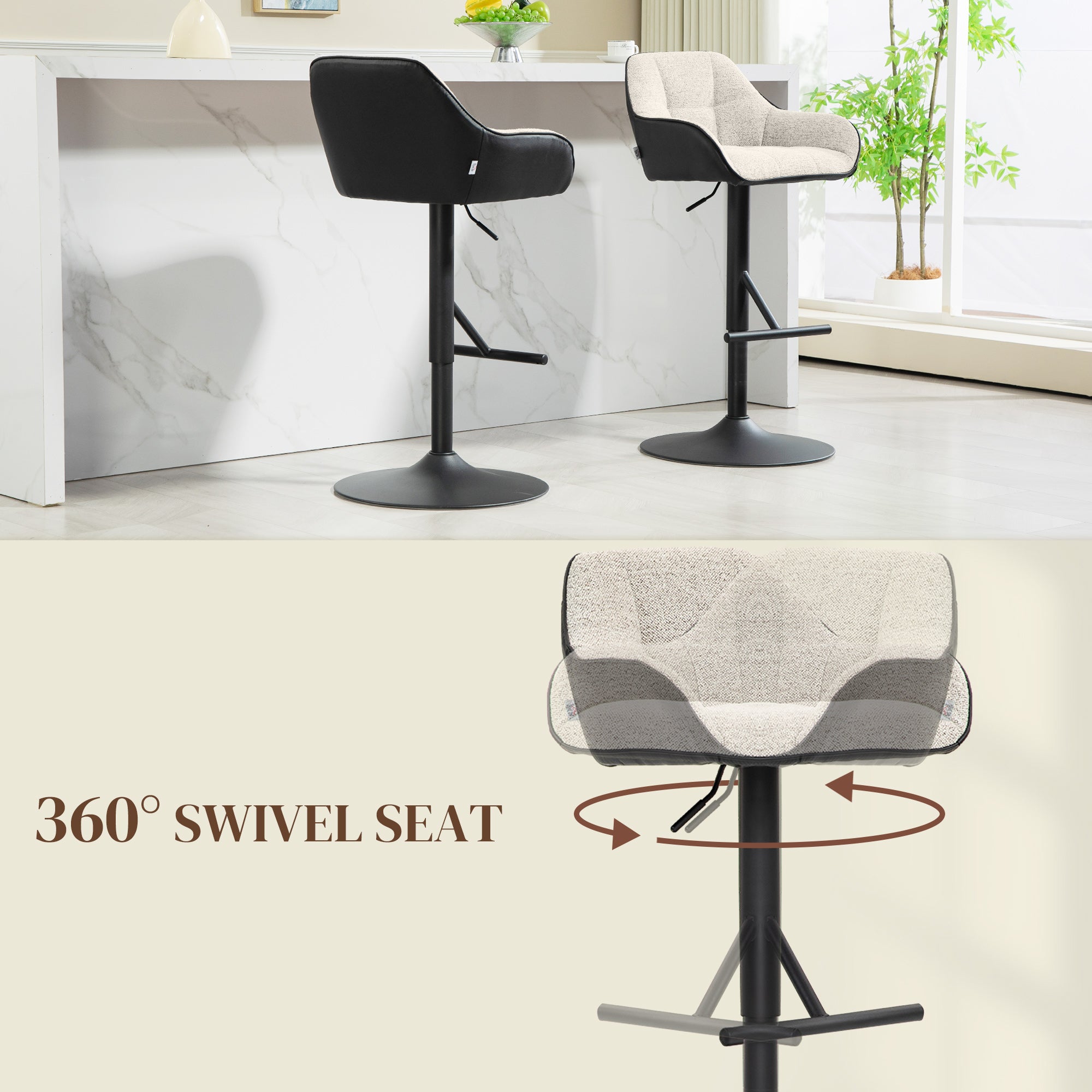 Bar Stools Set of 2, Swivel Counter Height Barstools with Back, Footrest, Armrests, Adjustable Height, Light Grey