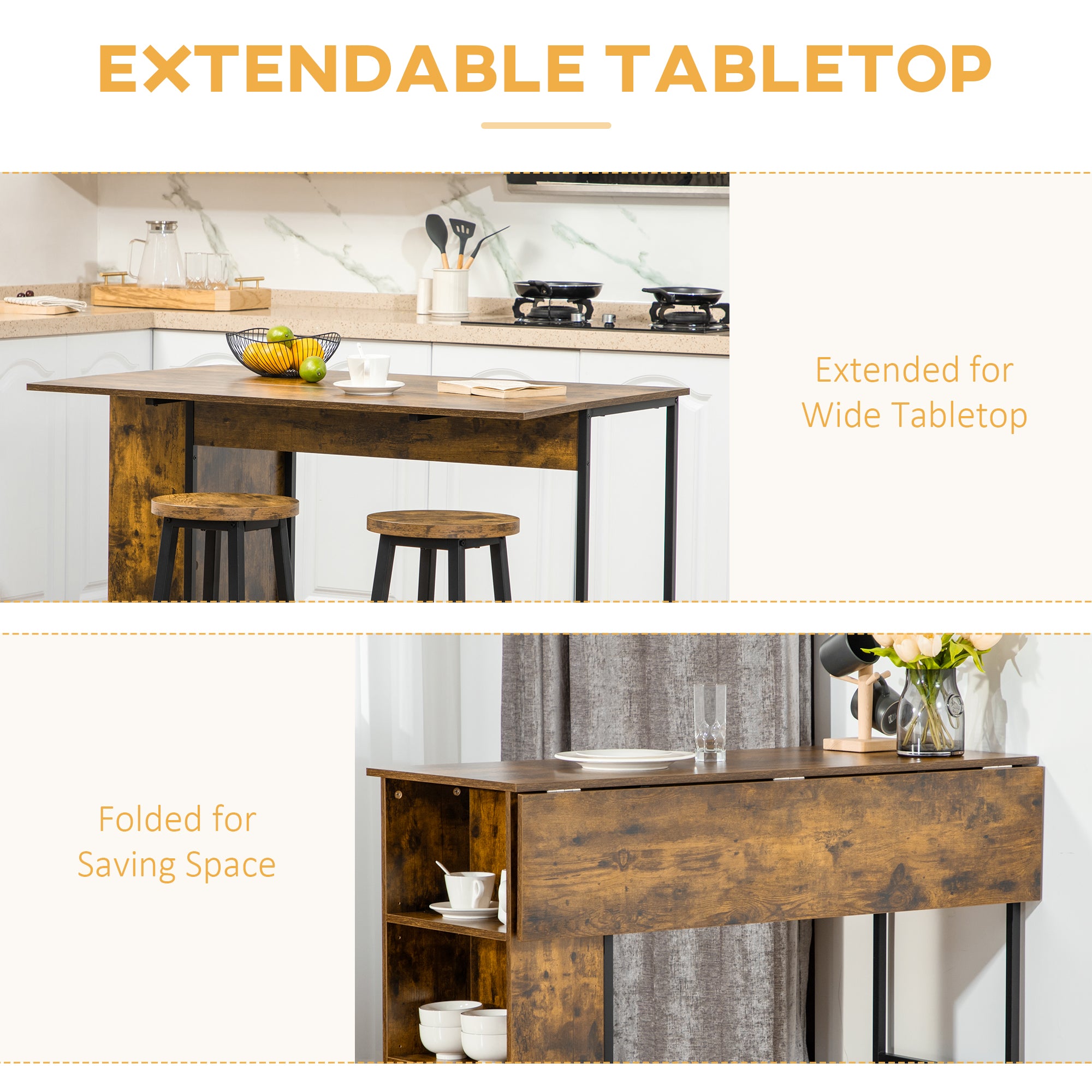 Counter Height Table with Drop Leaf, Extendable Bar Table with Adjustable Storage Shelf, Rustic Brown