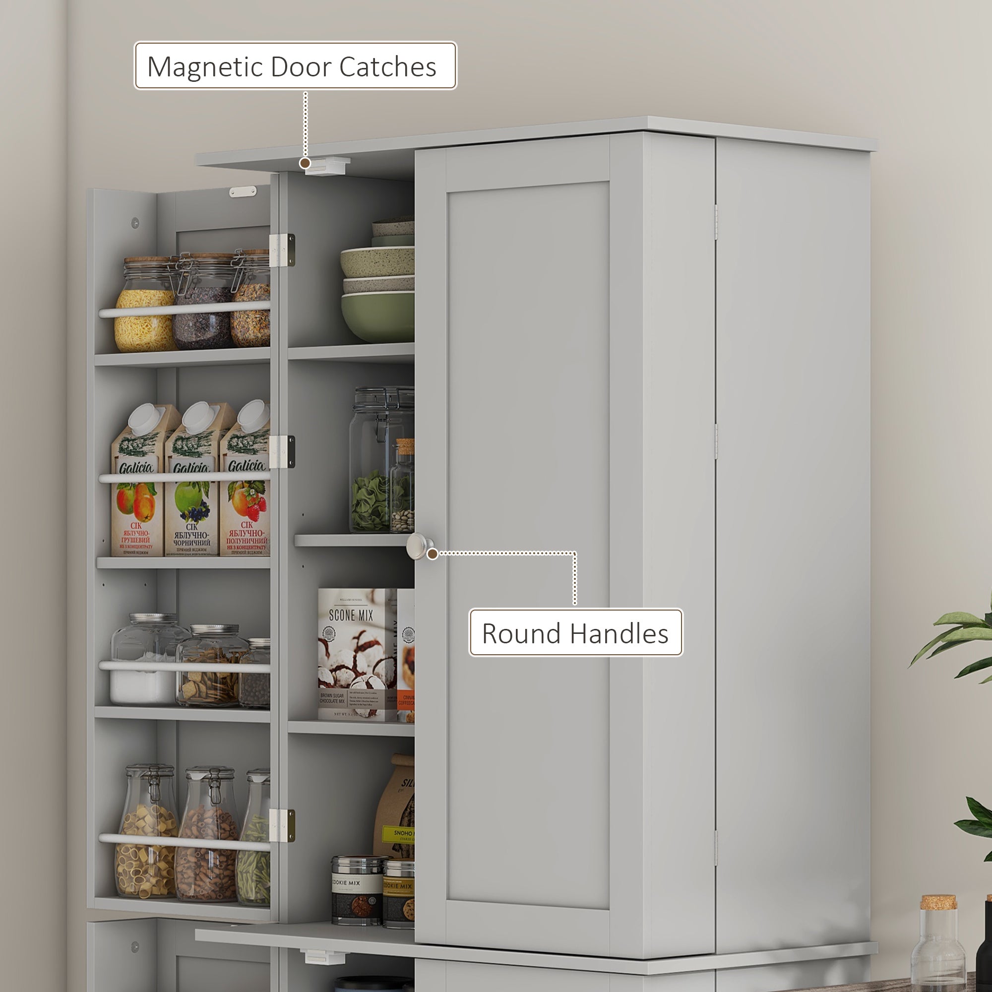 65" Kitchen Cabinet, Kitchen Pantry Cabinet with 4 Doors and 16 Door Shelves for Dining Room, White