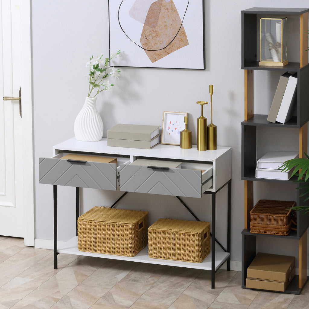 Modern Console Table with 2 Drawers, 2 Tier Entryway Table with storage Shelf, Narrow Sofa Table for Living Room, Hallway, White
