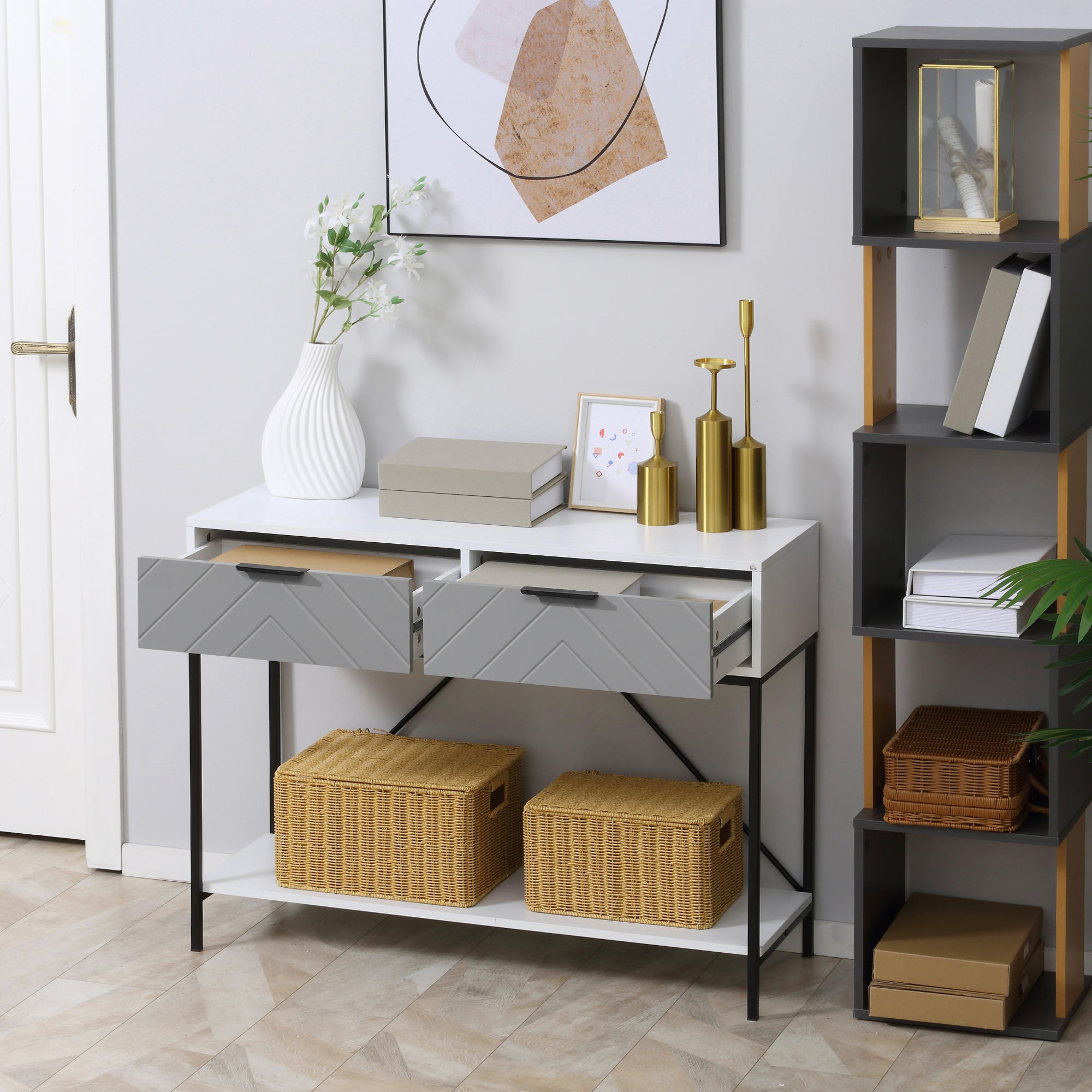 Modern Console Table with 2 Drawers, 2 Tier Entryway Table with storage Shelf, Narrow Sofa Table for Living Room, Hallway, White