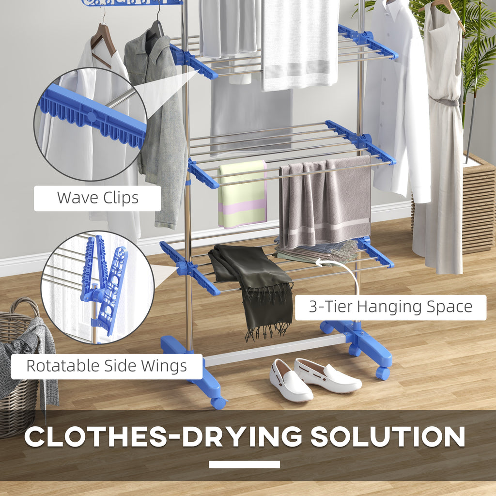 3-Tier Foldable Clothes Drying Rack, Stainless Steel Laundry Rack with 2 Side Wings and 6 Castors, Collapsible Adjustable Clothes Airer for Indoor Outdoor, White