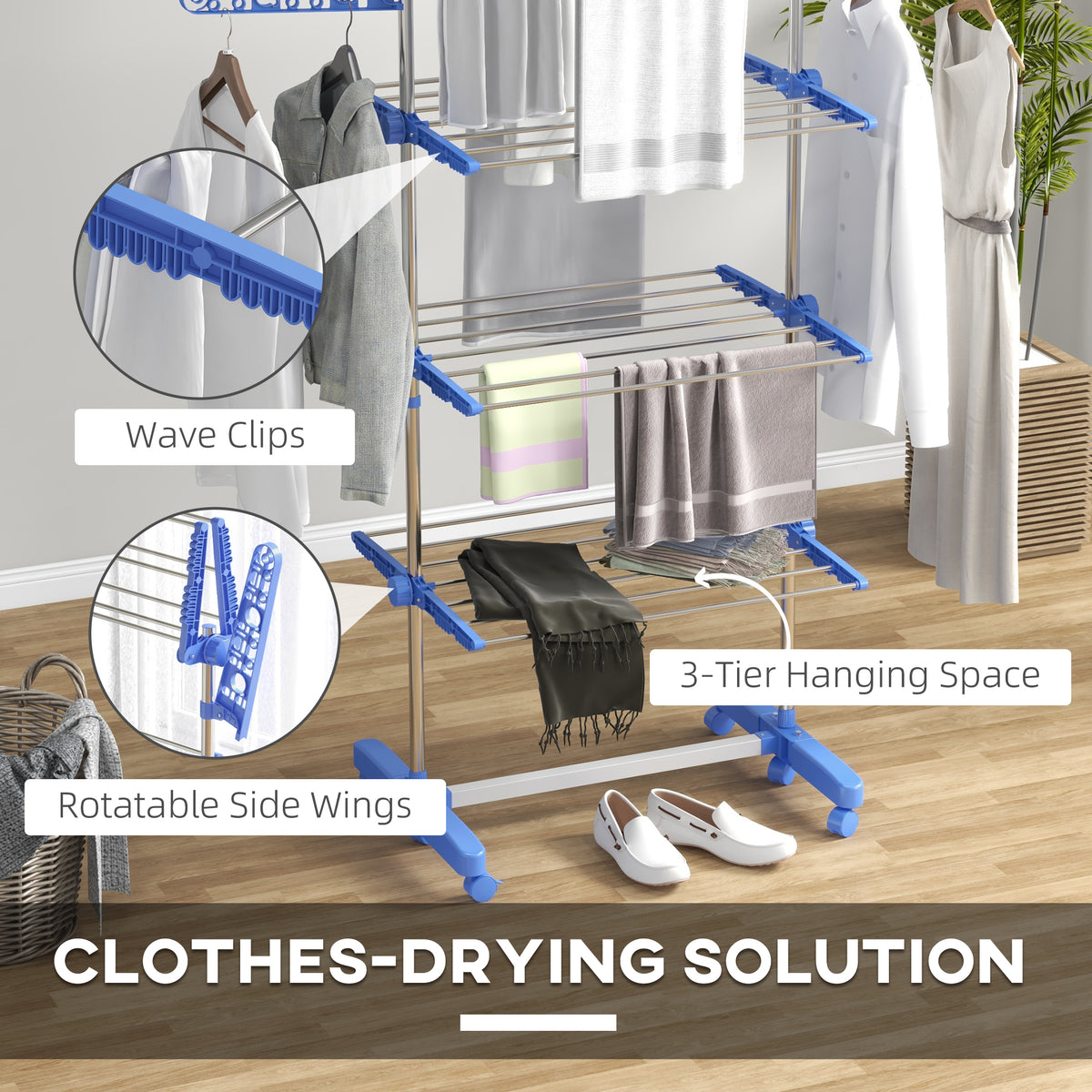 3-Tier Foldable Clothes Drying Rack, Stainless Steel Laundry Rack with 2 Side Wings and 6 Castors, Collapsible Adjustable Clothes Airer for Indoor Outdoor, White