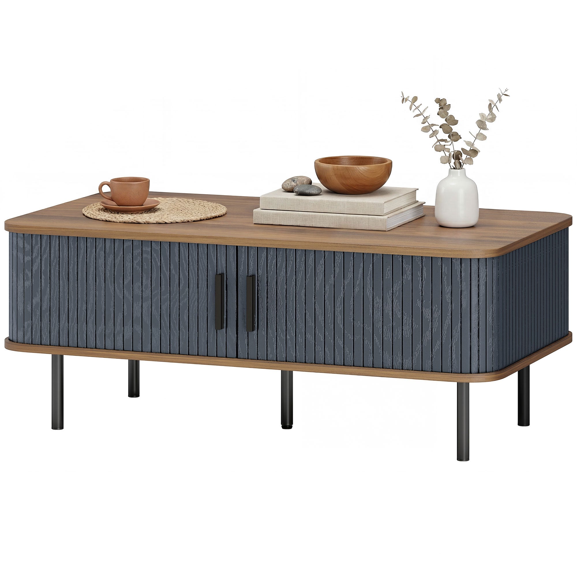 Nordic Side Table ምስ Fluted Tambour ዝንቀሳቐስ ማዕጾታትን ኣስራሓ እግሩን፣ መበሊ ዕቑር ንዘቕርብ ሳንዱቕ ንመቀመጢ ክፍሊ፣ ጸሊም