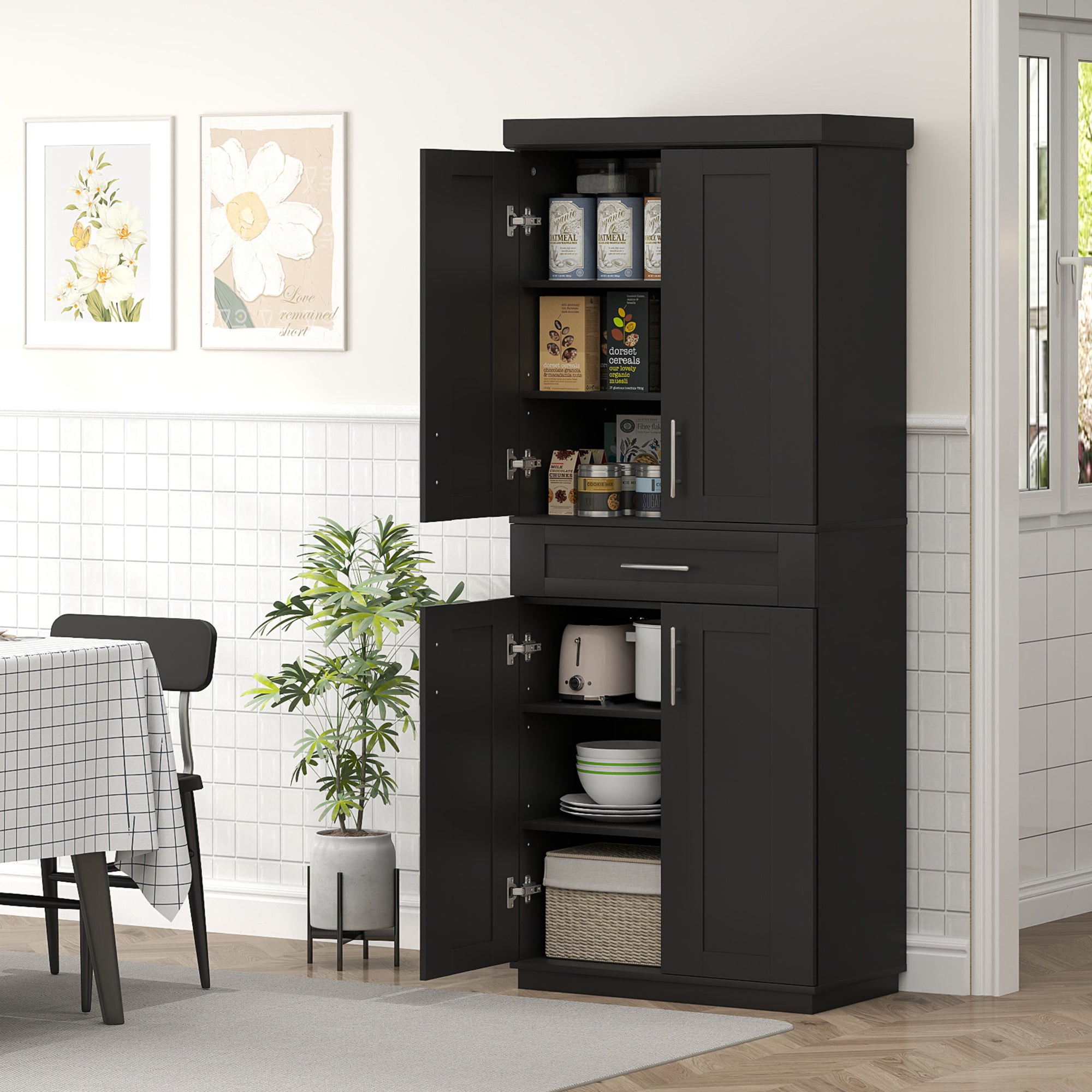 72" Storage Cabinet, Freestanding Kitchen Pantry Cabinet with 4 Doors, Drawer and 3 Adjustable Shelves, White