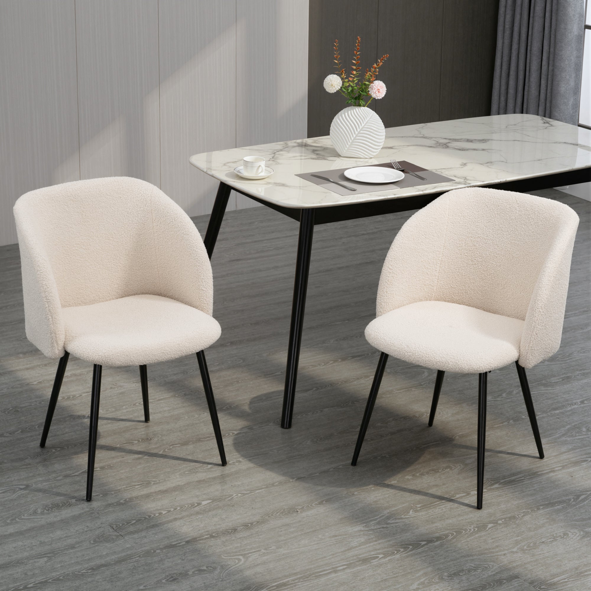 Dining Chairs Set of 2, Sherpa Fleece Upholstered Kitchen Chairs with Backrest and Steel Legs, Cream White
