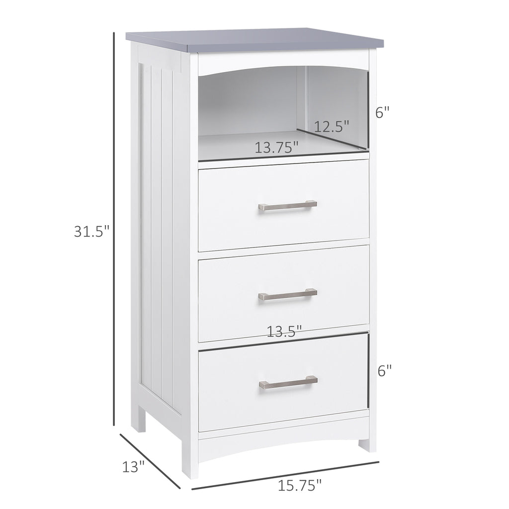 Small Bathroom Storage Cabinet, Floor Cabinet with 3 Drawers and Open Component, Narrow Bathroom Cabinet, White