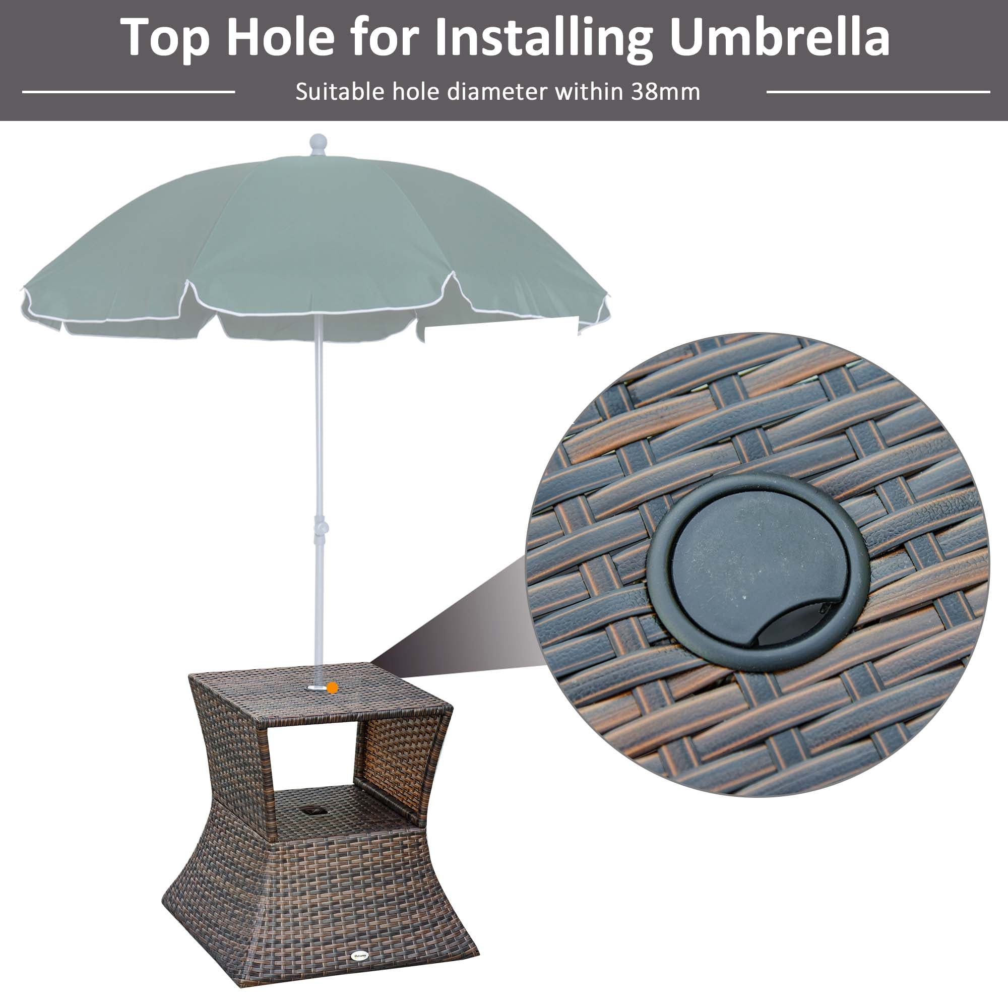 Rattan Wicker Side Table, 21.3" Square Outdoor End Table with Umbrella Hole 2-Tier Storage for Patio Garden Mixed Brown