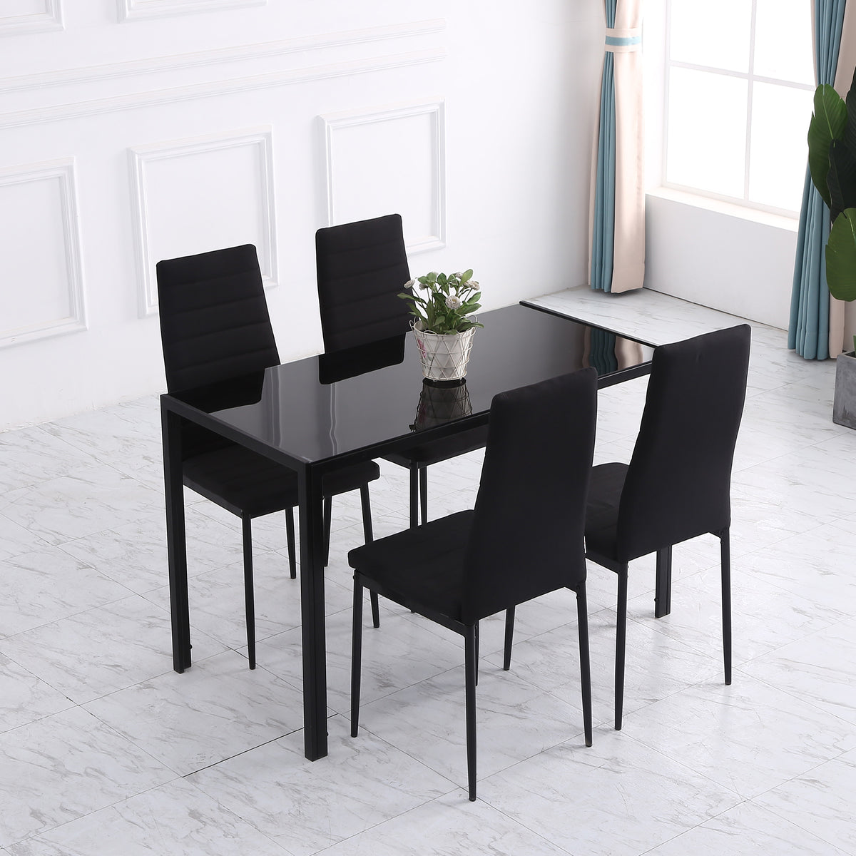 Modern Dining Chairs High Back Upholstered Linen Fabric with Metal Legs for Kitchen Black