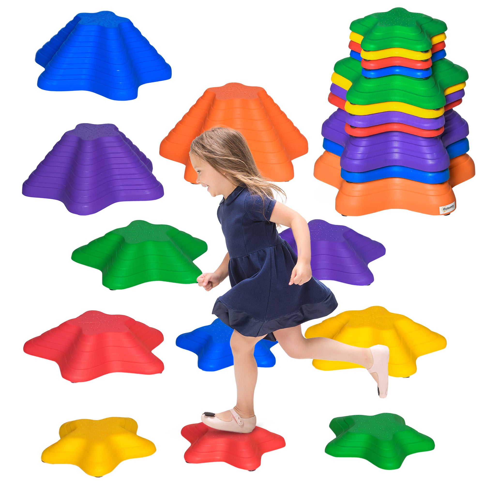 11PCs Larger Size Balance Stepping Stones for Kids with Non-slip Bottom, Stackable Obstacle Course Outdoor Indoor, Play River Rocks with Starfish Style