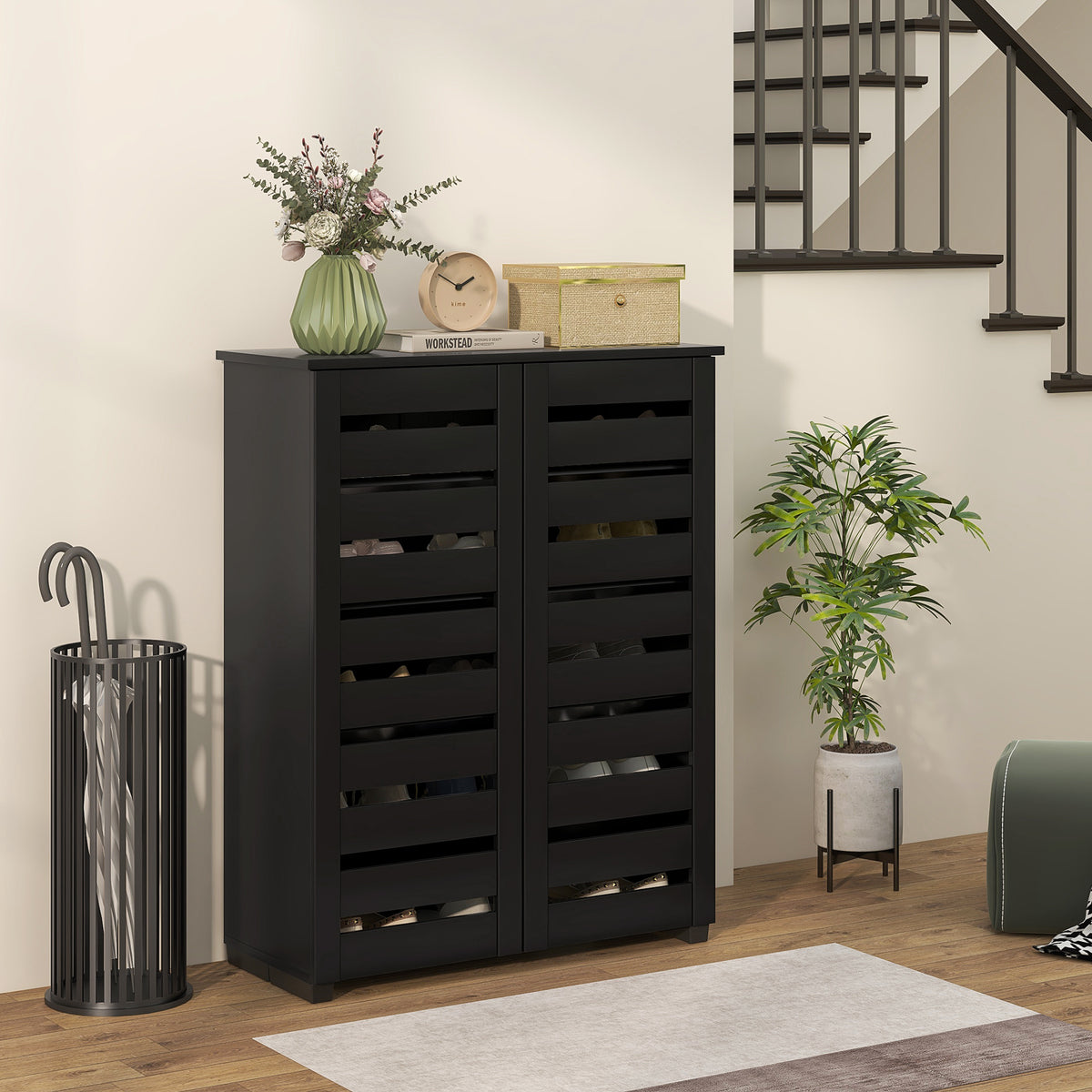 Shoe Storage Cabinet, Shoe Cabinet with 2 Slatted Doors for 15 Pairs of Shoes, Black