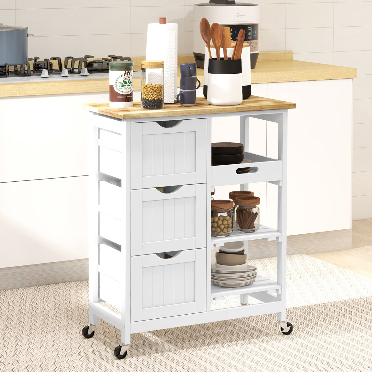 Kitchen Cart on Wheels, Rolling Kitchen Island Cart with Wood Top, 3 Drawers and Shelves for Home Dining Area