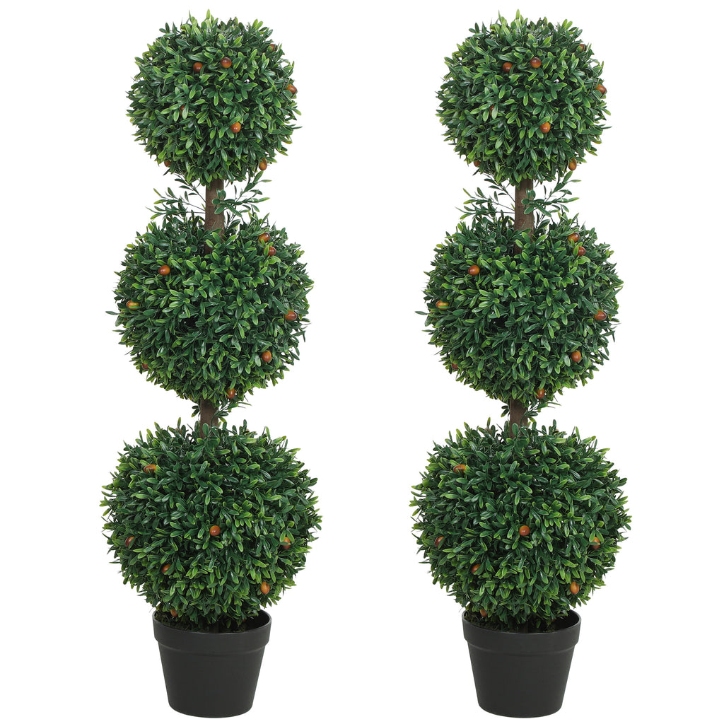 3.3FT Artificial Boxwood Topiary Tree Set of 2, Faux Three Ball Topiary Tree in Pot for Indoor Outdoor Decor, Green