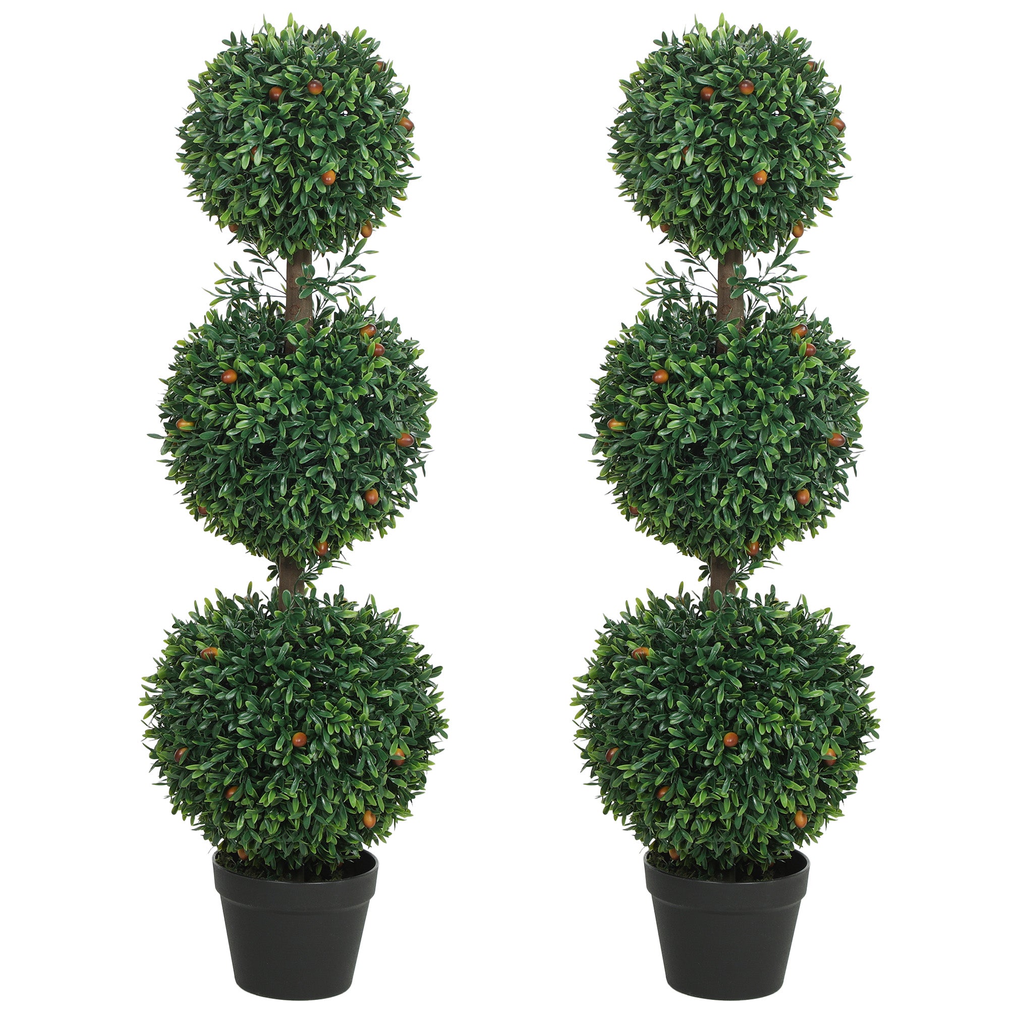 3.3FT Artificial Boxwood Topiary Tree Set of 2, Faux Three Ball Topiary Tree in Pot for Indoor Outdoor Decor, Green