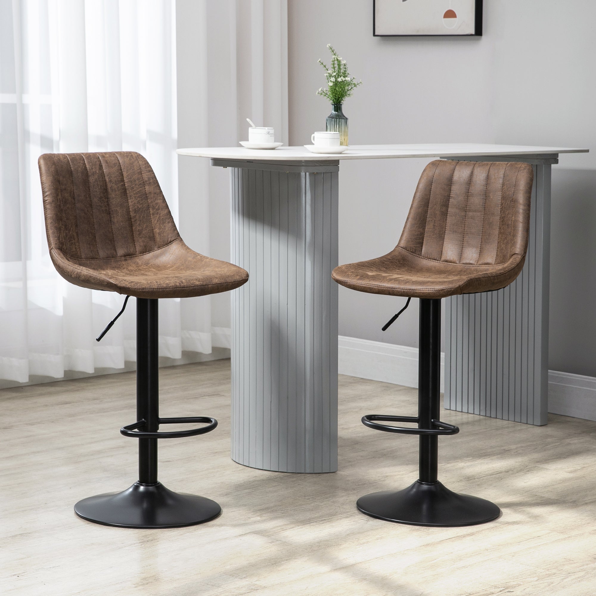 Adjustable Bar Stools Set of 2, Leathaire Swivel Barstools with Back and Footrest, Upholstered Bar Chairs for Kitchen, Dining Room, Home Pub, Brown