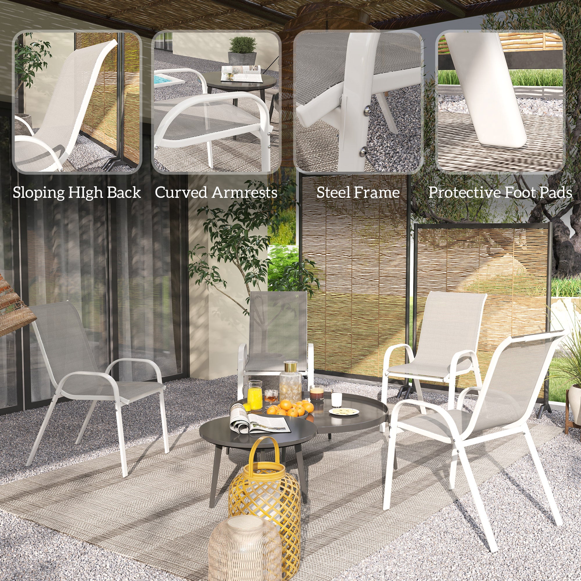 Set of 4 Outdoor Dining Chairs, Stackable Lawn Chairs with High Back, Breathable Mesh Seat for Garden Porch, Black