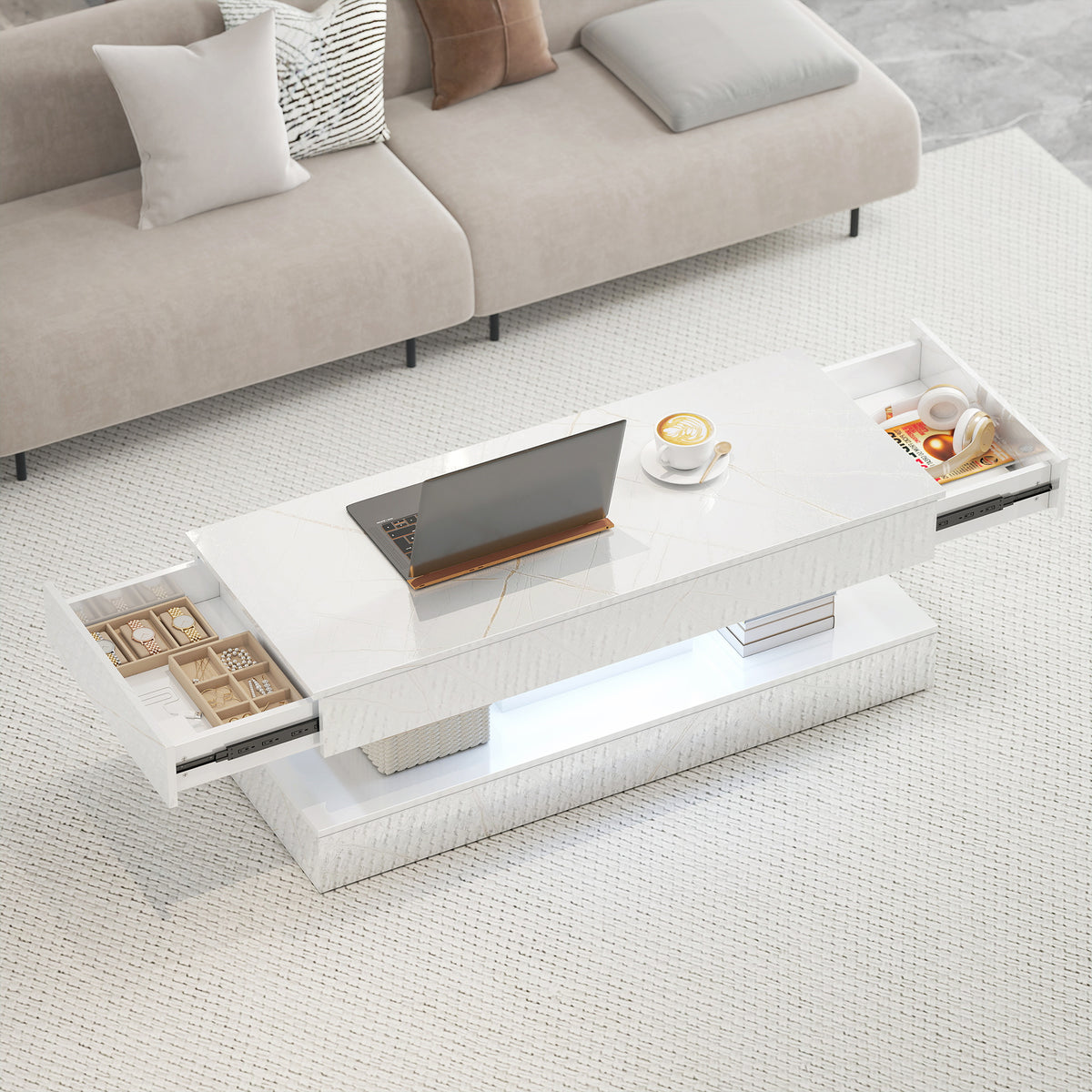 Coffee Table with Adjustable LED Lights, Center Table with 2 Drawers, Open Shelf, Remote, High Gloss Marble-Effect White