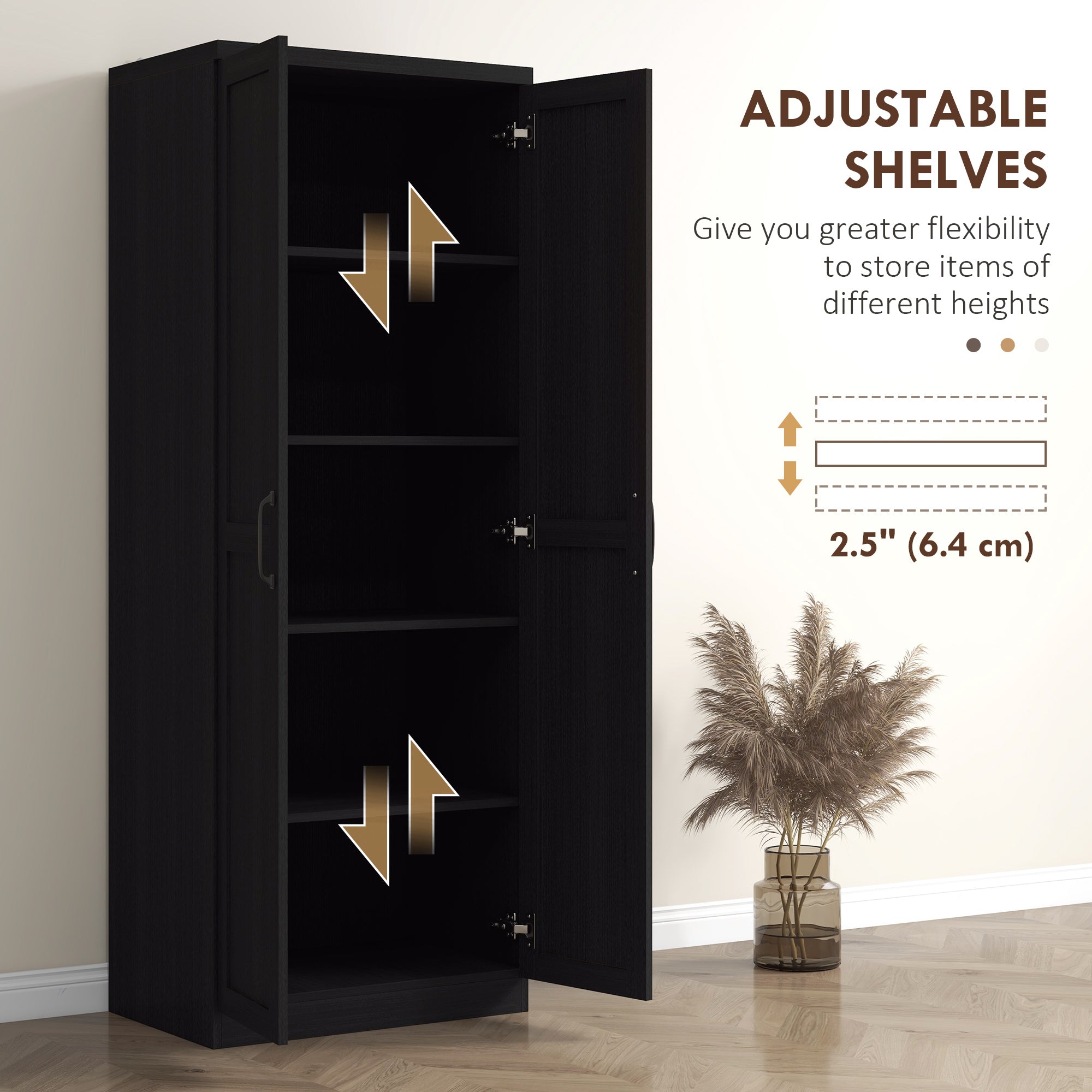 63" Kitchen Storage Cabinet, 5-tier Pantry Cabinet with Doors and Adjustable Shelves for Dining Room, Black