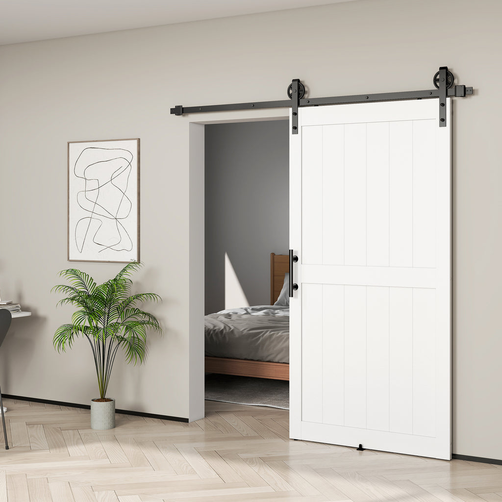 42inx84in Barn Door with 7FT Sliding Door Hardware Kit, Handle, Upgraded Rollers and Floor Guide, Waterproof, White